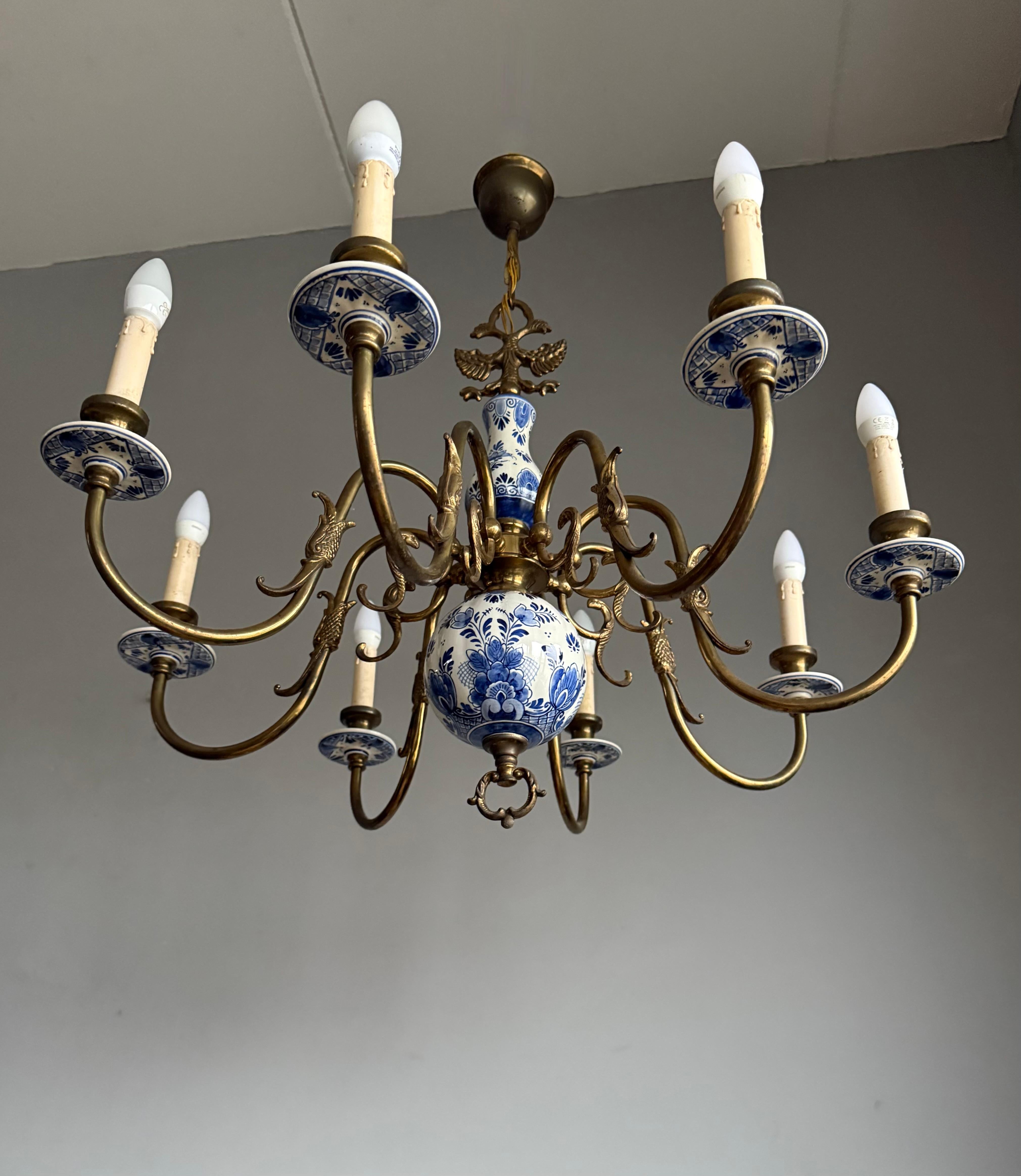 Other 1940s Dutch Large Brass & Porcelain Hand Painted Delft Blue and White Chandelier For Sale