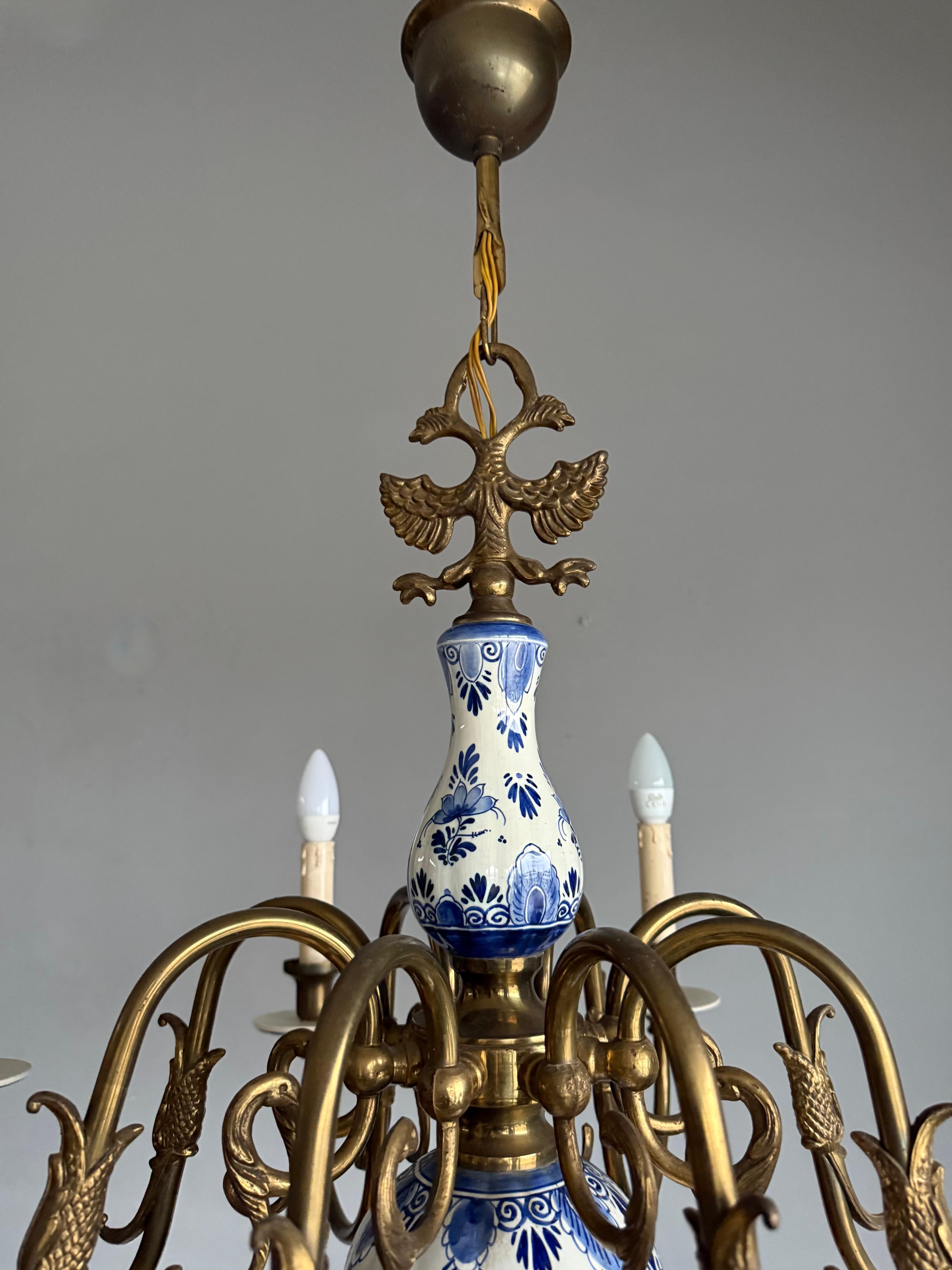 Cast 1940s Dutch Large Brass & Porcelain Hand Painted Delft Blue and White Chandelier For Sale
