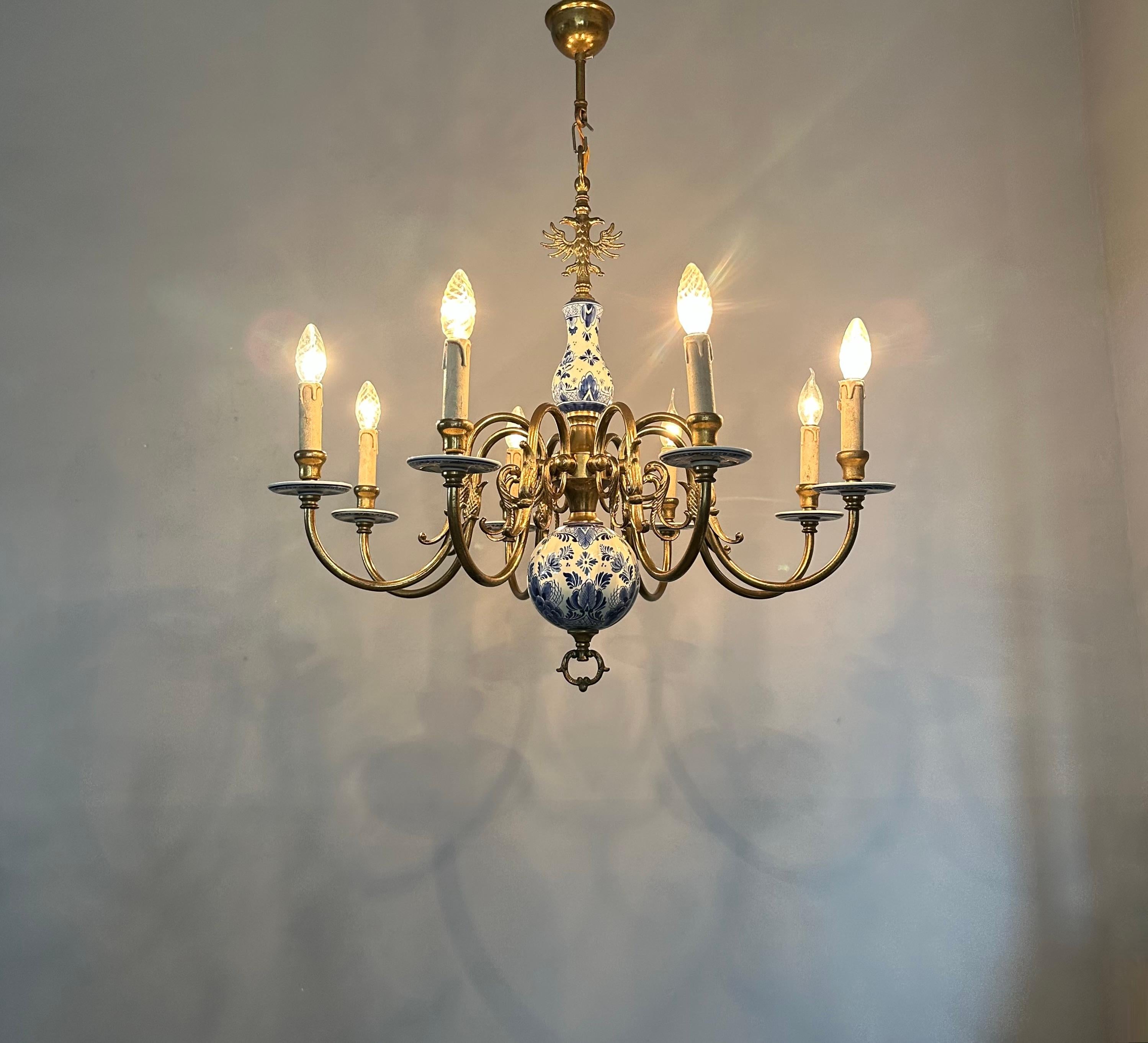 20th Century 1940s Dutch Large Brass & Porcelain Hand Painted Delft Blue and White Chandelier