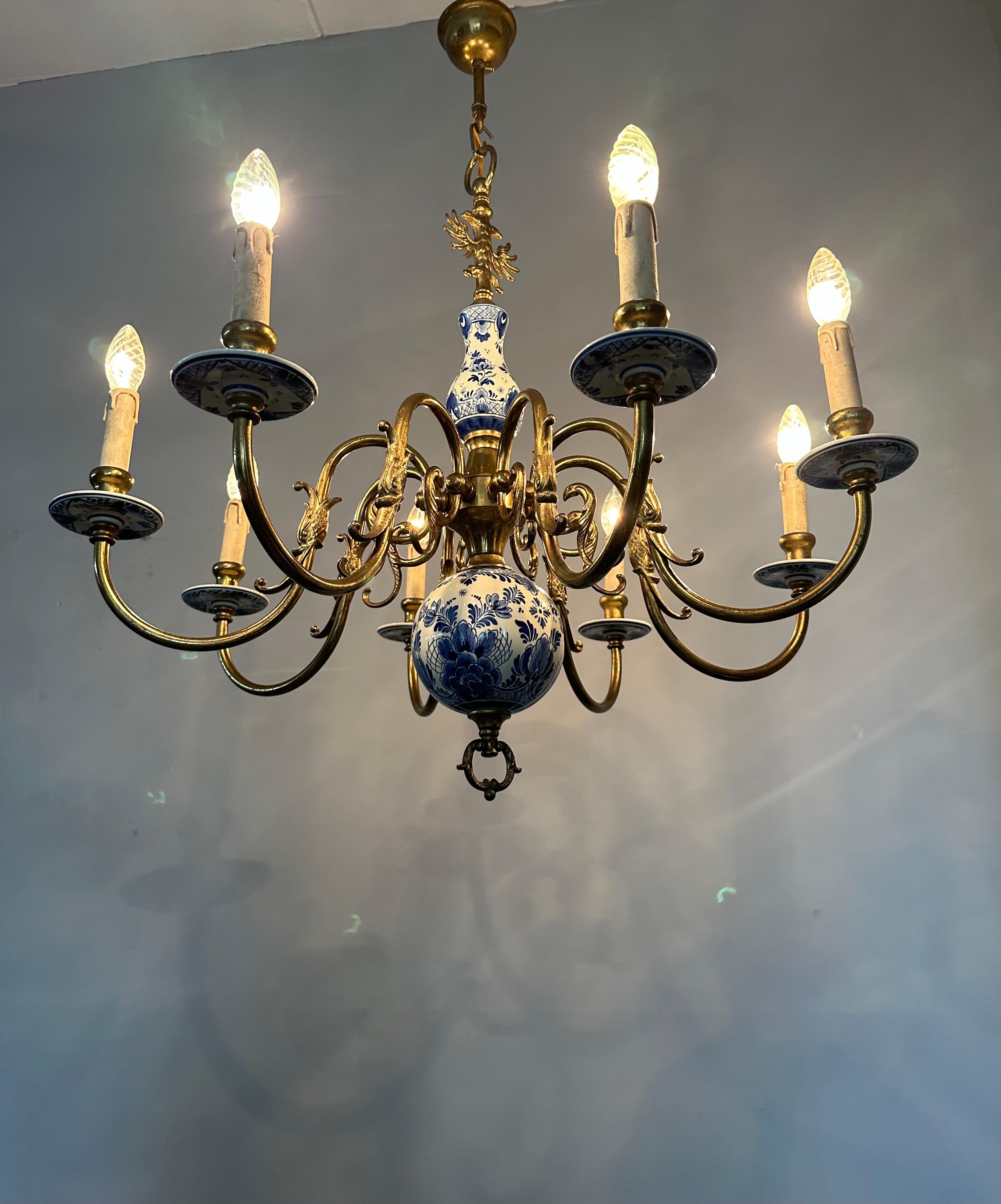 1940s Dutch Large Brass & Porcelain Hand Painted Delft Blue and White Chandelier 1