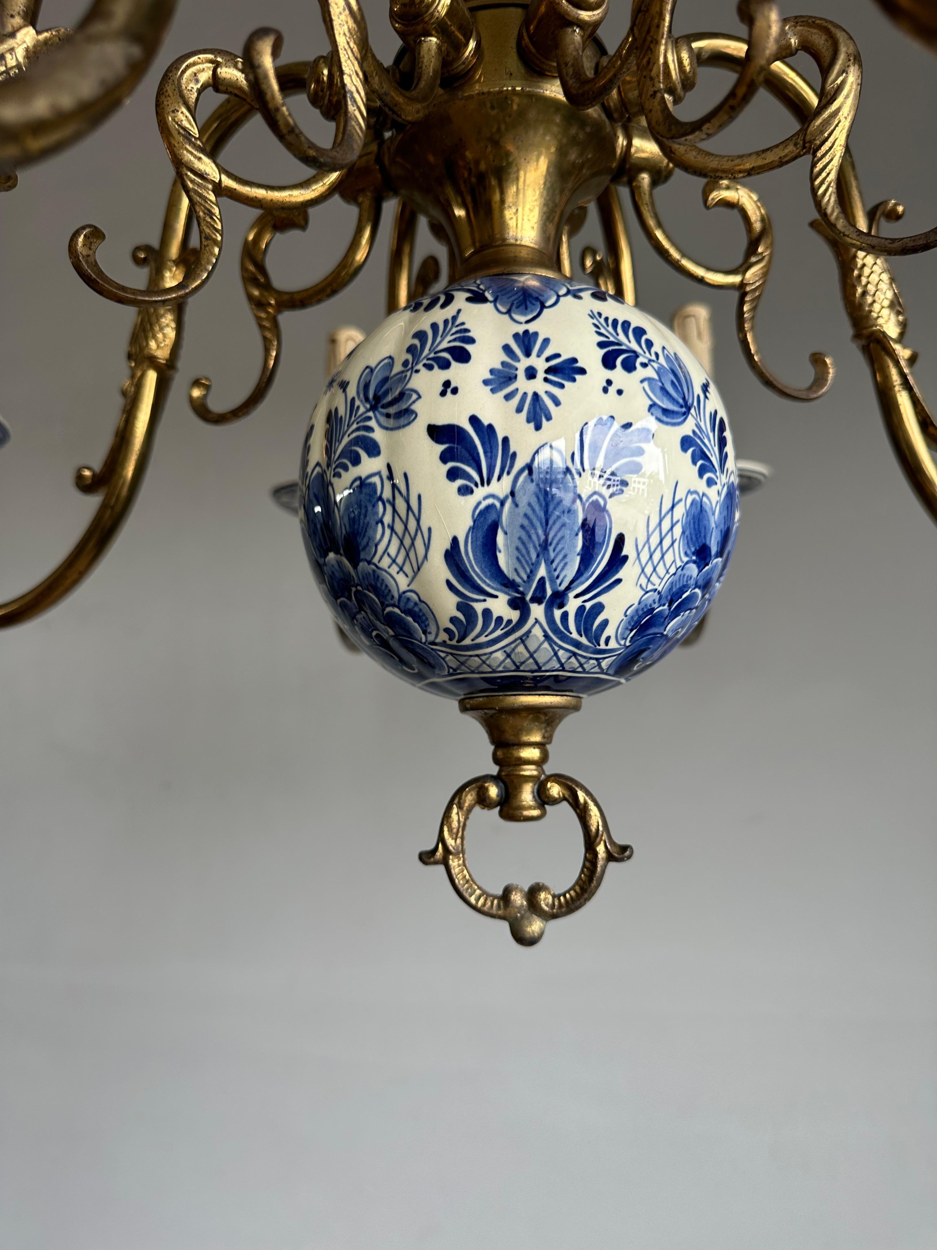 1940s Dutch Large Brass & Porcelain Hand Painted Delft Blue and White Chandelier 2