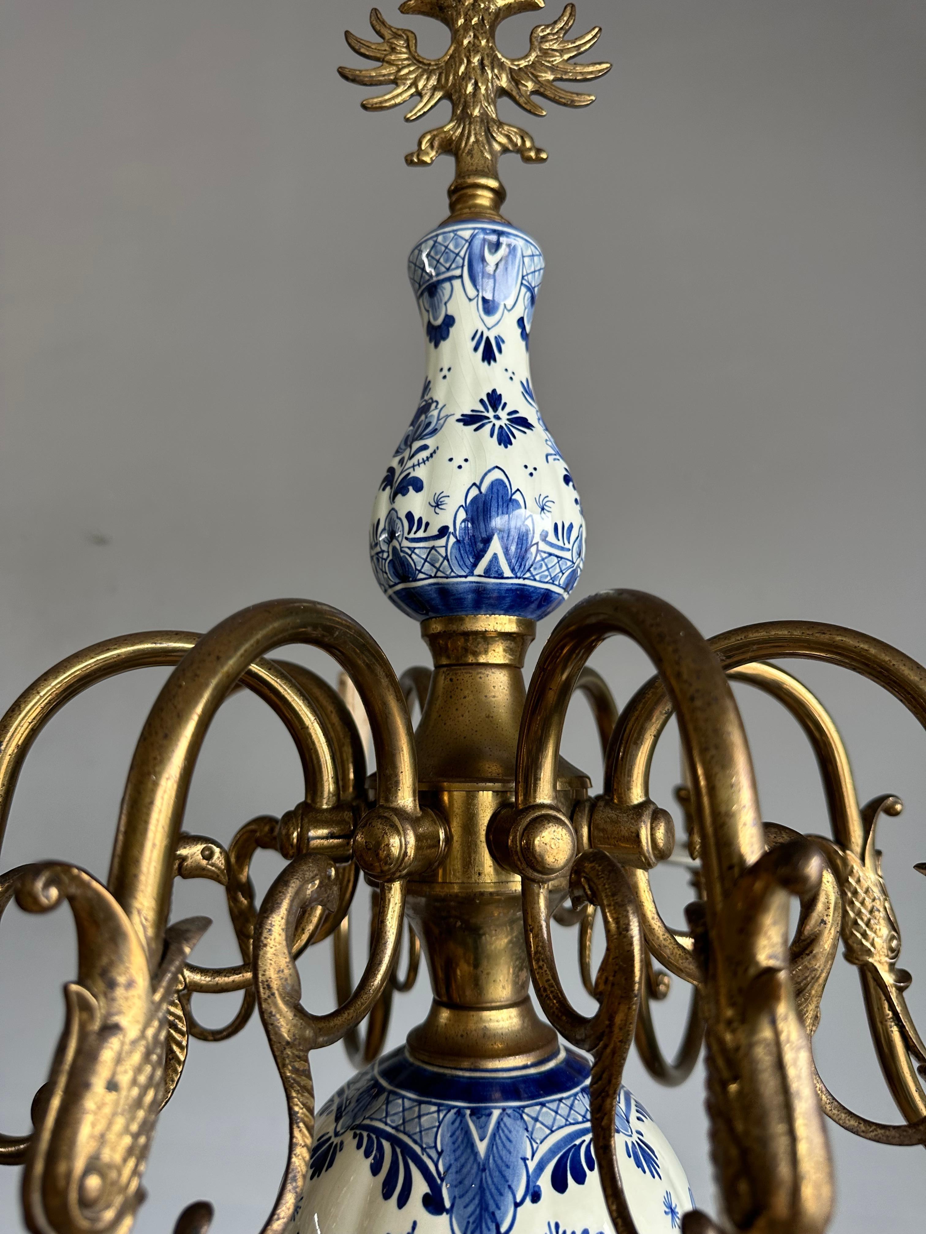 1940s Dutch Large Brass & Porcelain Hand Painted Delft Blue and White Chandelier 3