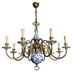 1940s Dutch Large Brass & Porcelain Hand Painted Delft Blue and White Chandelier
