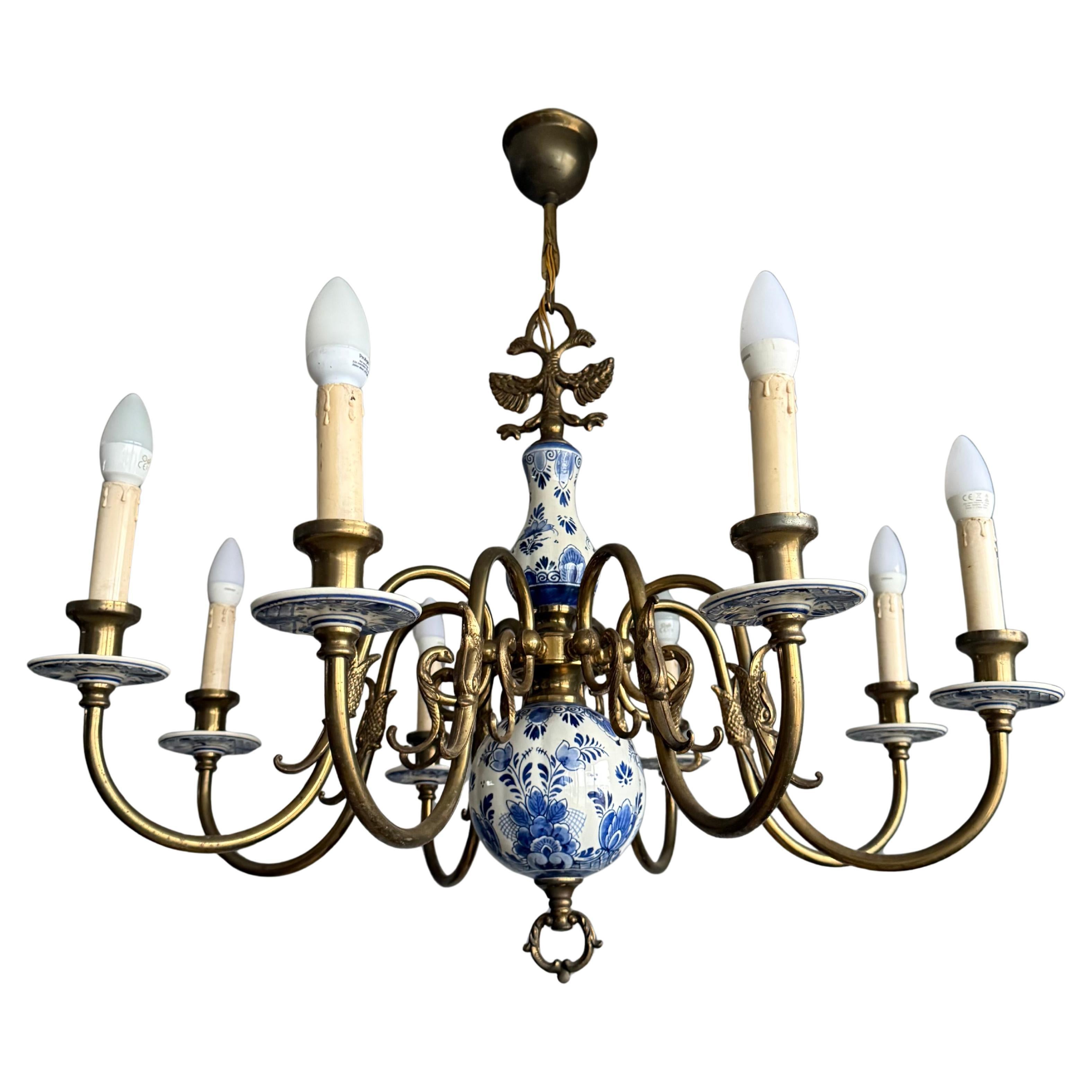 1940s Dutch Large Brass & Porcelain Hand Painted Delft Blue and White Chandelier