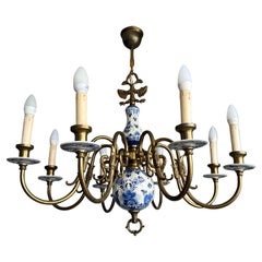 1940s Dutch Large Brass & Porcelain Hand Painted Delft Blue and White Chandelier