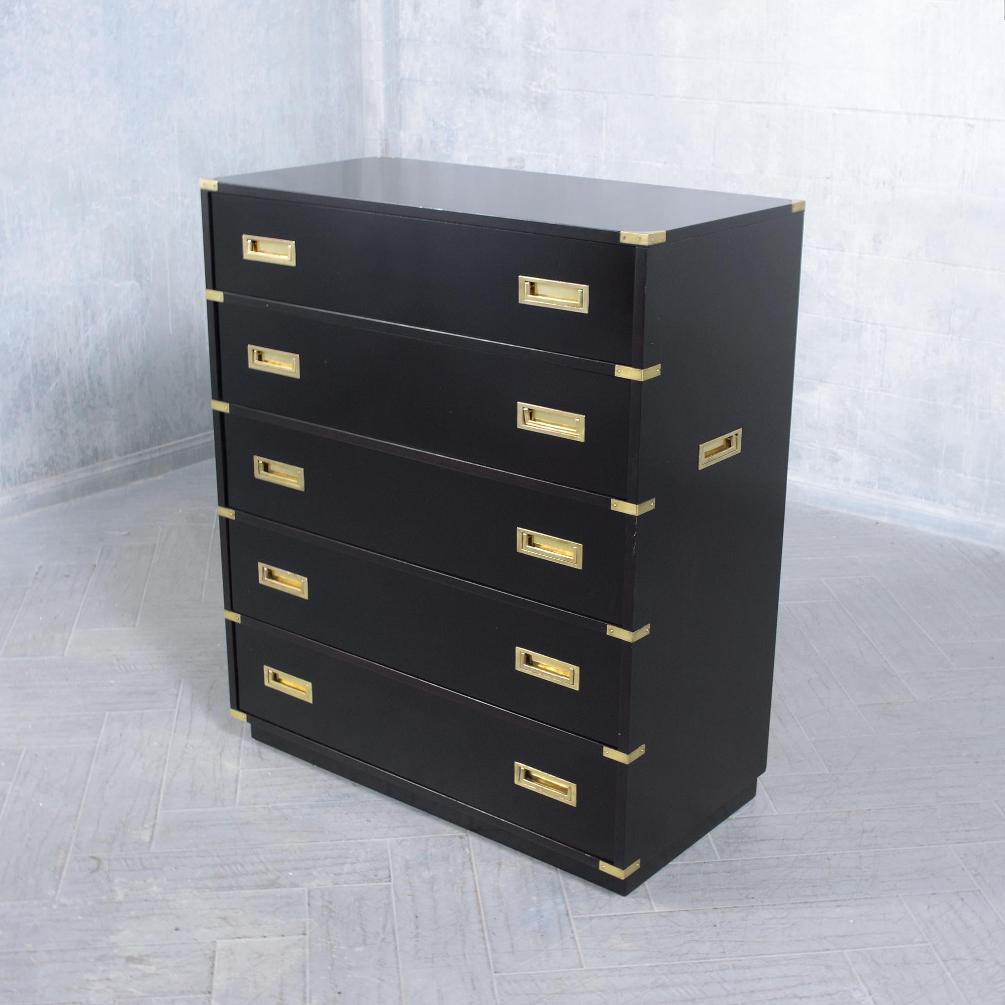 Wood Mid-Century Campaign Tall Chest: Ebonized Mahogany with Brass Accents For Sale