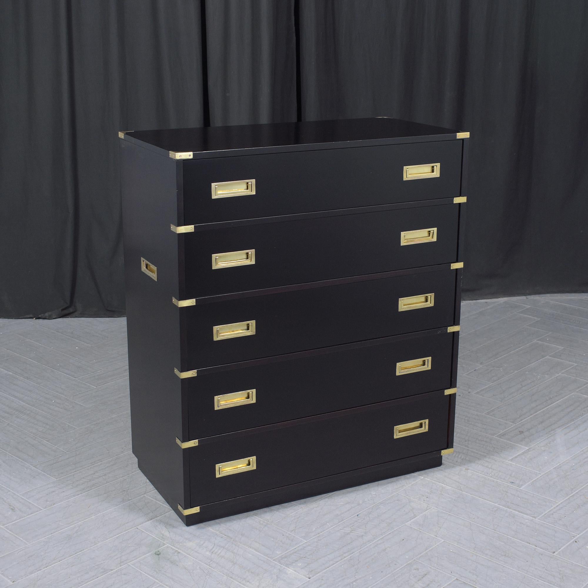 Mid-Century Campaign Tall Chest: Ebonized Mahogany with Brass Accents For Sale 1