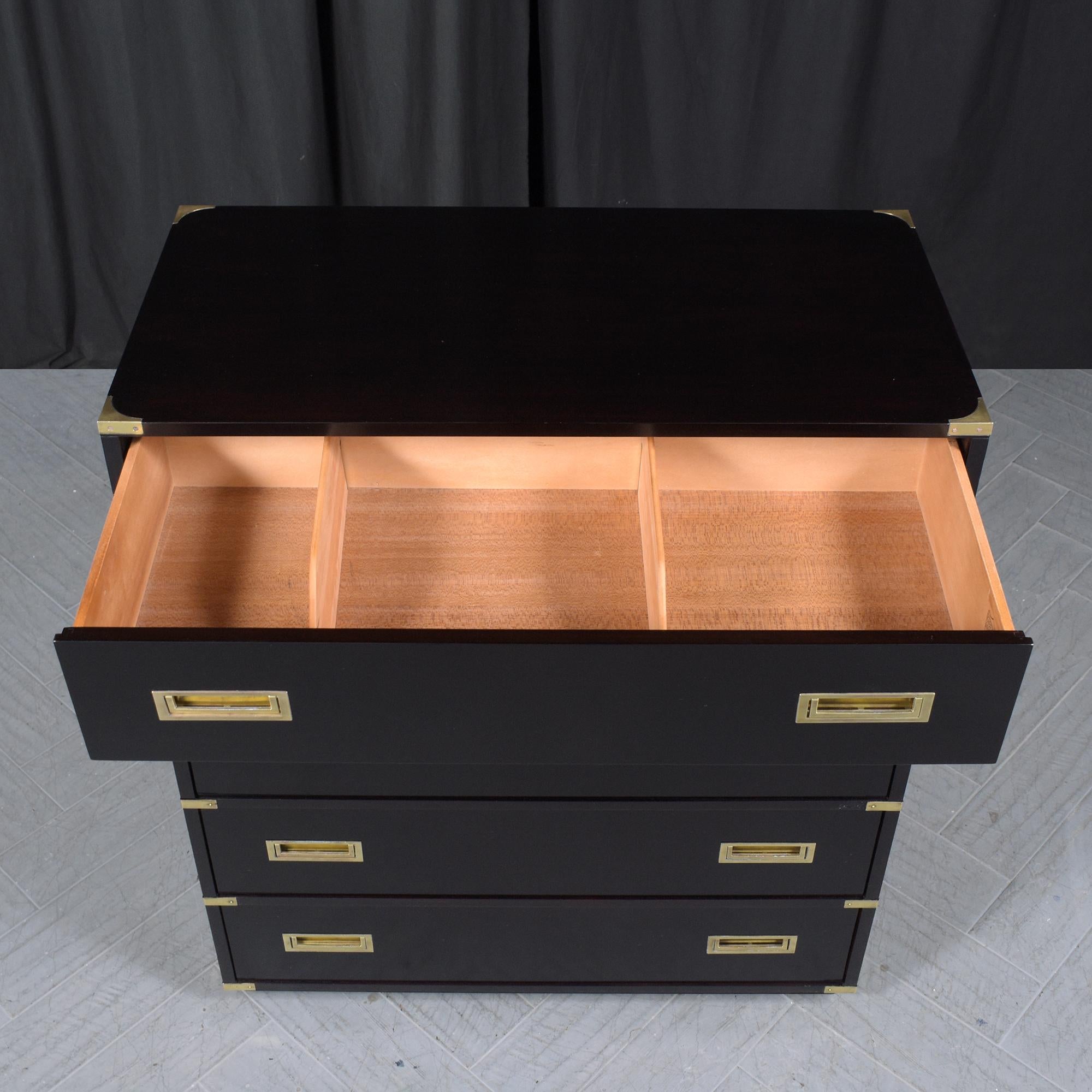Plated Mid-Century Campaign Tall Chest: Ebonized Mahogany with Brass Accents For Sale