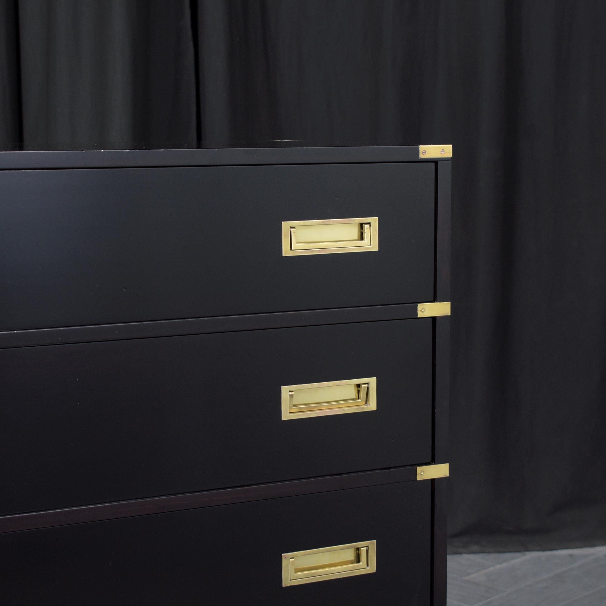 Mid-Century Campaign Tall Chest: Ebonized Mahogany with Brass Accents For Sale 2