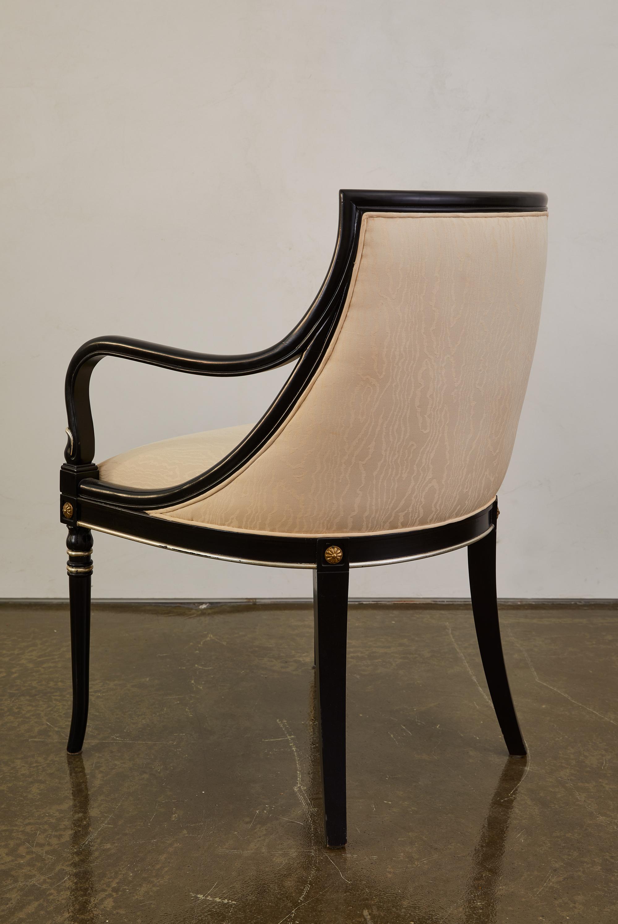 Regency Revival 1940's Ebonized Gilt Regency Style Arm Chairs with Custom Cream Upholstery For Sale