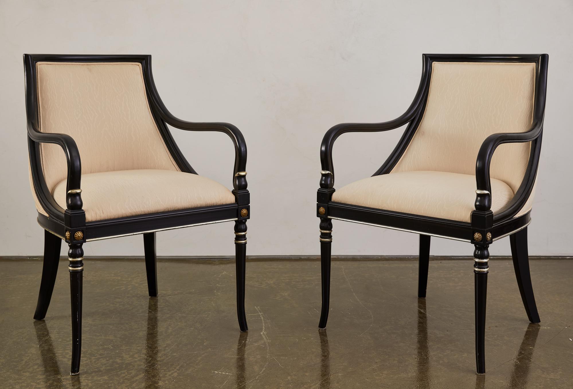 1940's Ebonized Gilt Regency Style Arm Chairs with Custom Cream Upholstery In Good Condition For Sale In Brooklyn, NY
