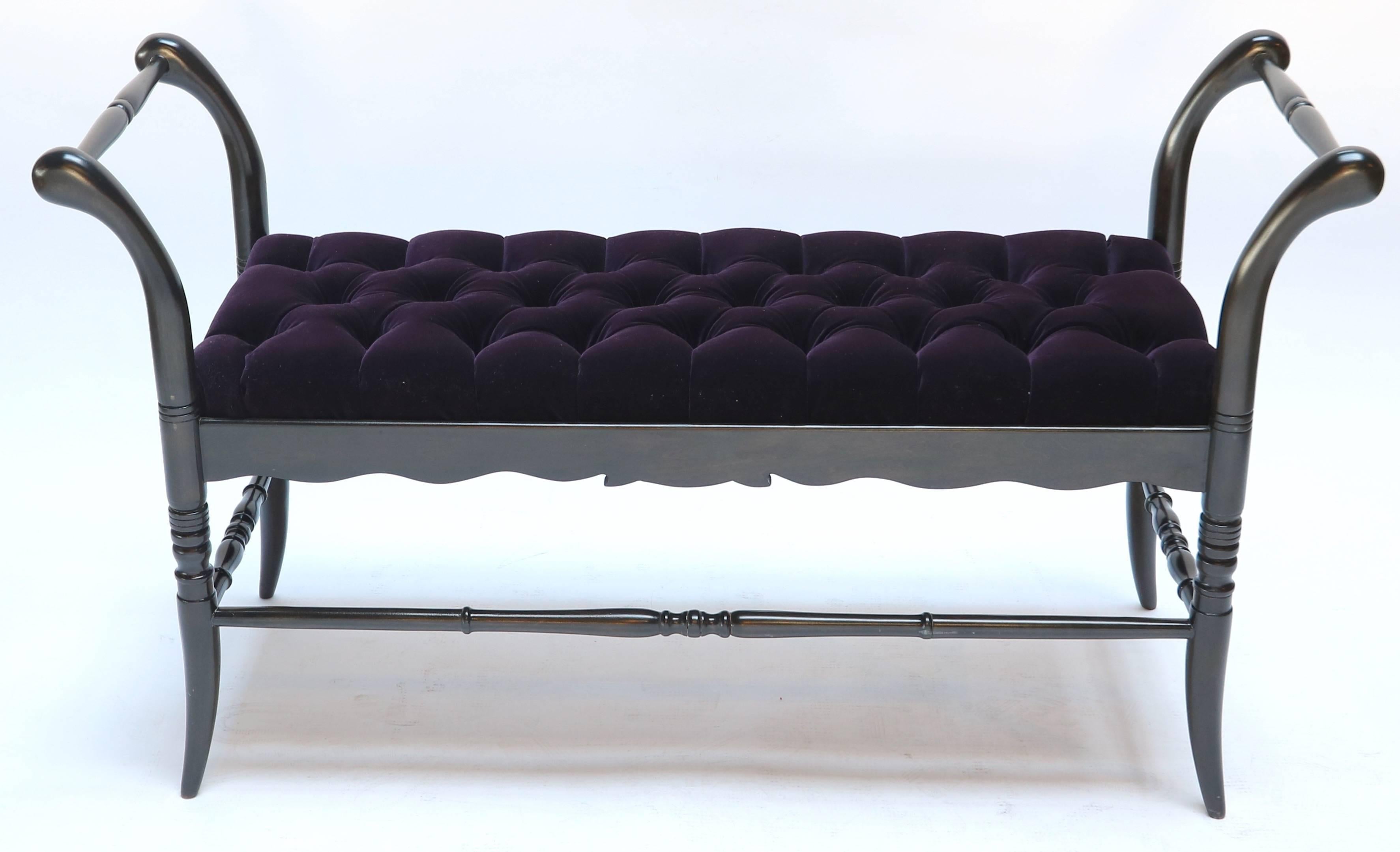 Mid-Century Modern Ebonized Black Tufted Purple Velvet Italian Wood Bench, 1940s For Sale