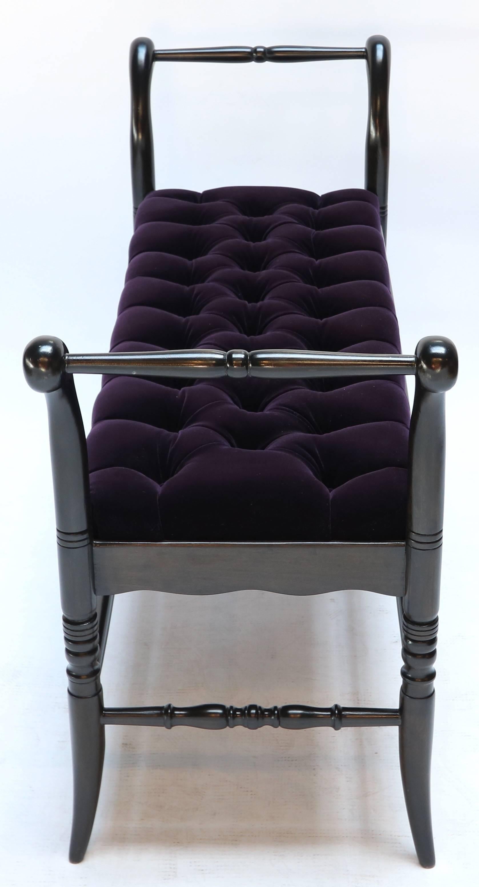 Mid-20th Century Ebonized Black Tufted Purple Velvet Italian Wood Bench, 1940s For Sale