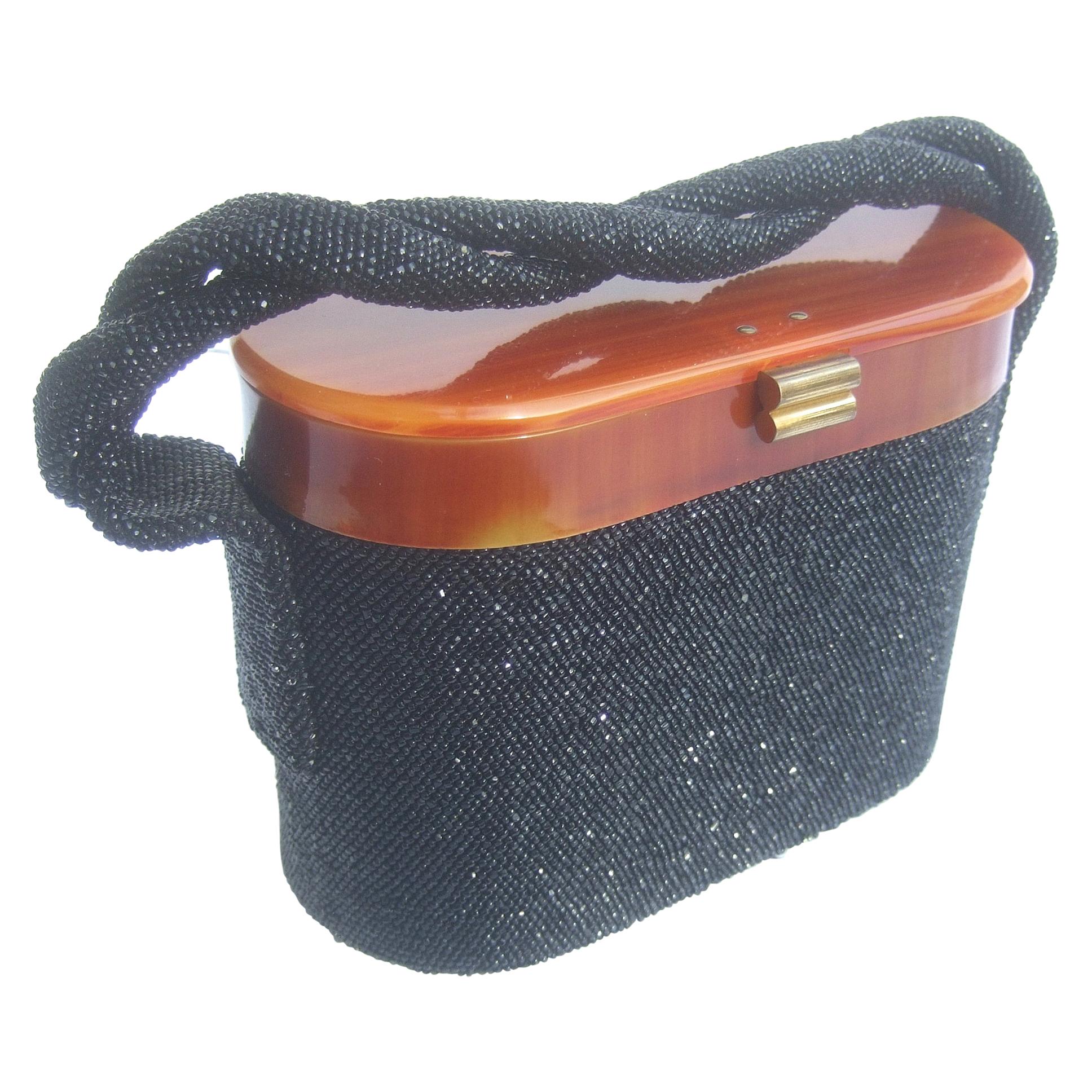 1940s Art Deco Ebony Iridescent Glass Beaded Evening Purse  For Sale