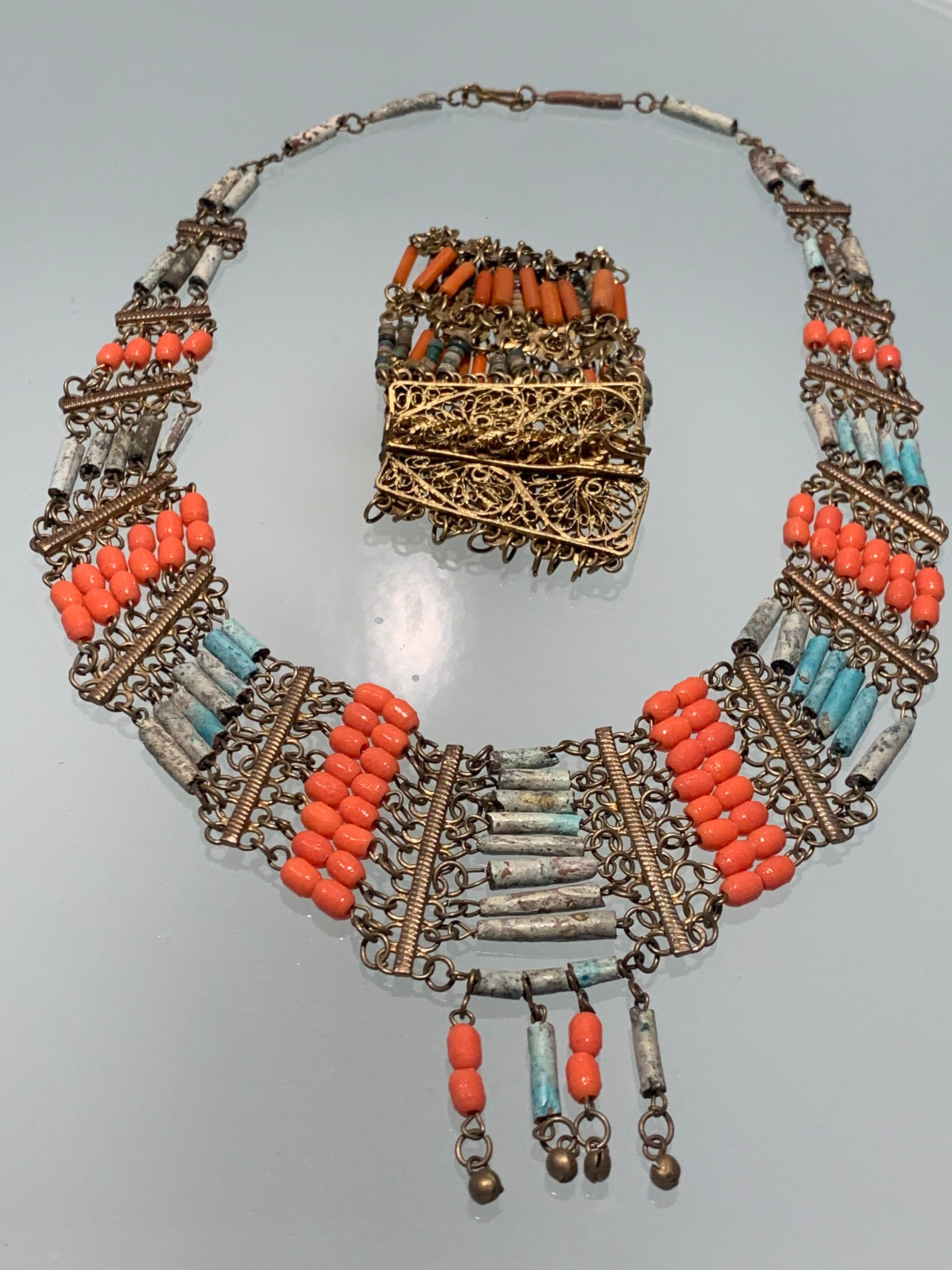 1940s Egyptian Clay & Brass Filigree Bib Necklace And Cuff Bracelet W/ Hinge For Sale 2