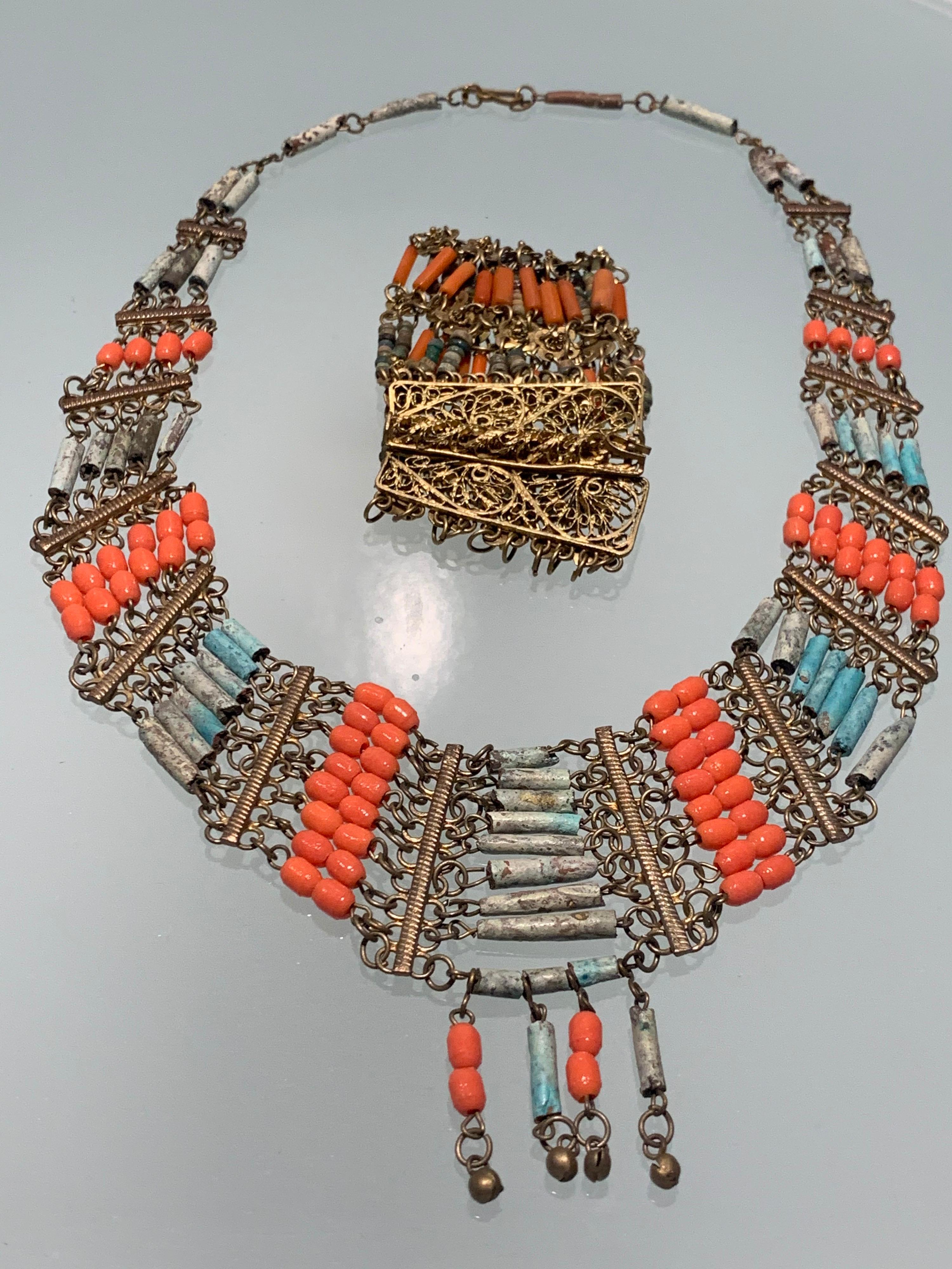 1940s Egyptian Clay & Brass Filigree Bib Necklace And Cuff Bracelet W/ Hinge  For Sale 2