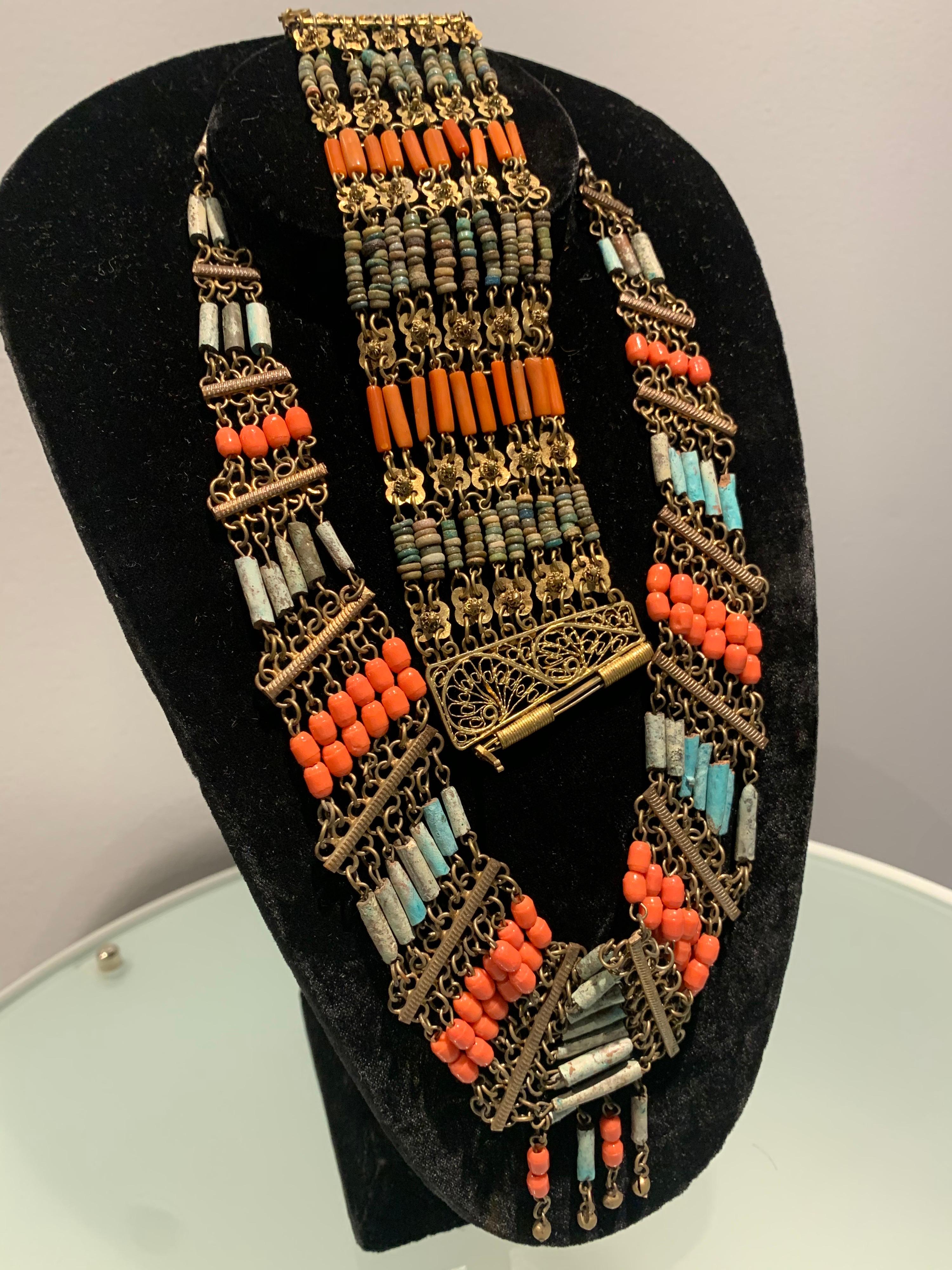 1940s Egyptian Clay & Brass Filigree Bib Necklace And Cuff Bracelet W/ Hinge For Sale 4