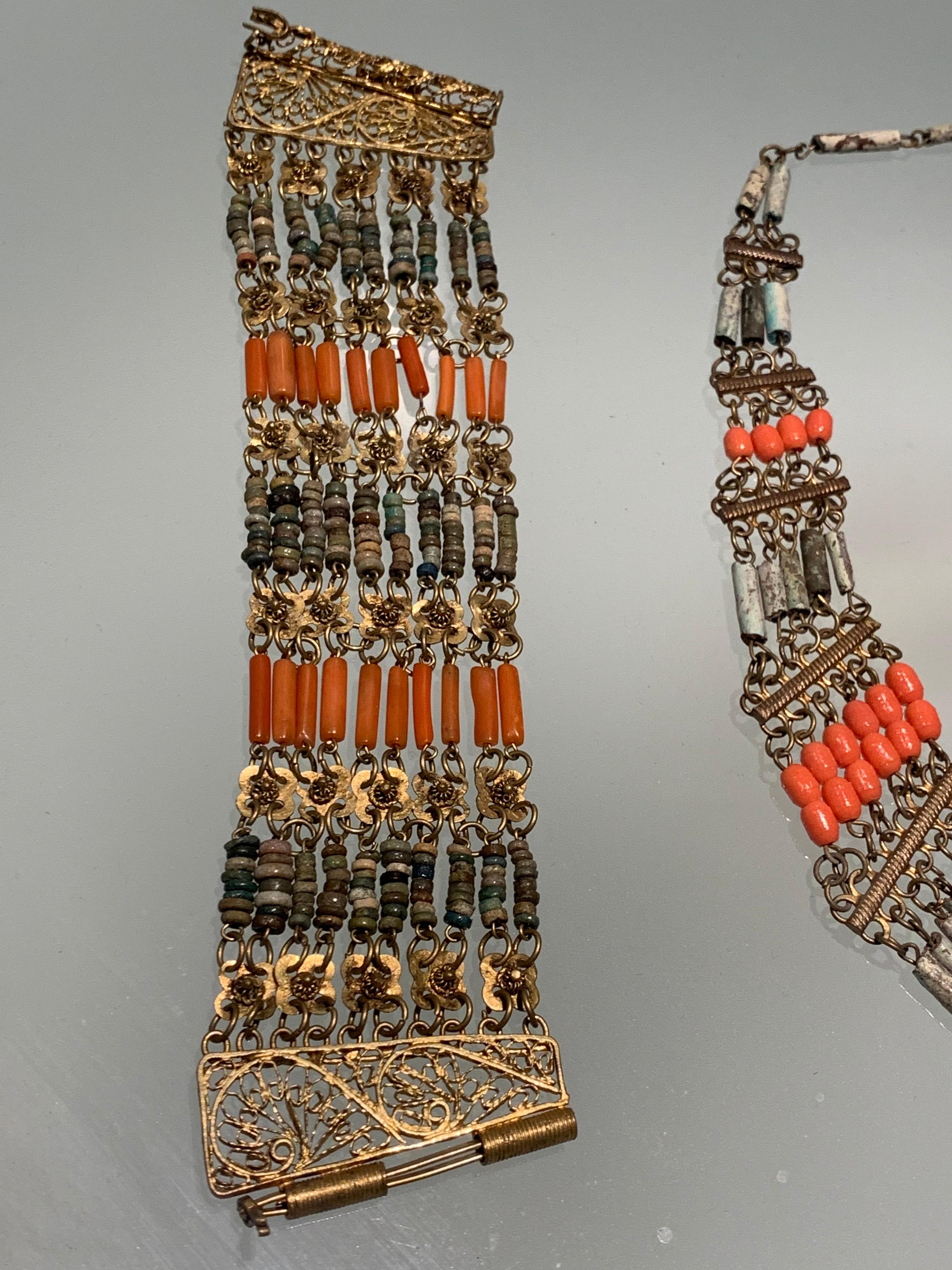 Egyptian Revival 1940s Egyptian Clay & Brass Filigree Bib Necklace And Cuff Bracelet W/ Hinge  For Sale