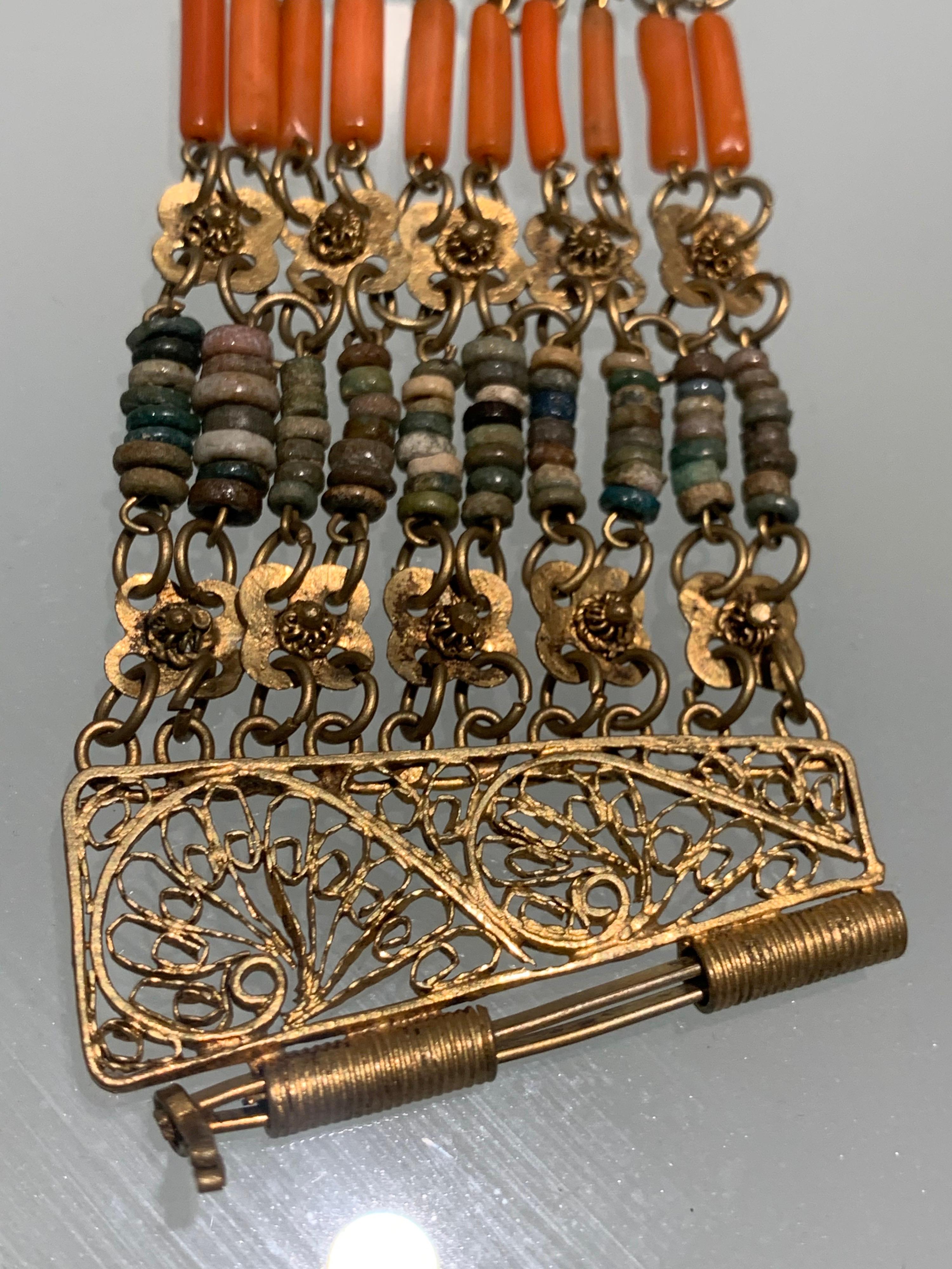 1940s Egyptian Clay & Brass Filigree Bib Necklace And Cuff Bracelet W/ Hinge  In Excellent Condition For Sale In Gresham, OR