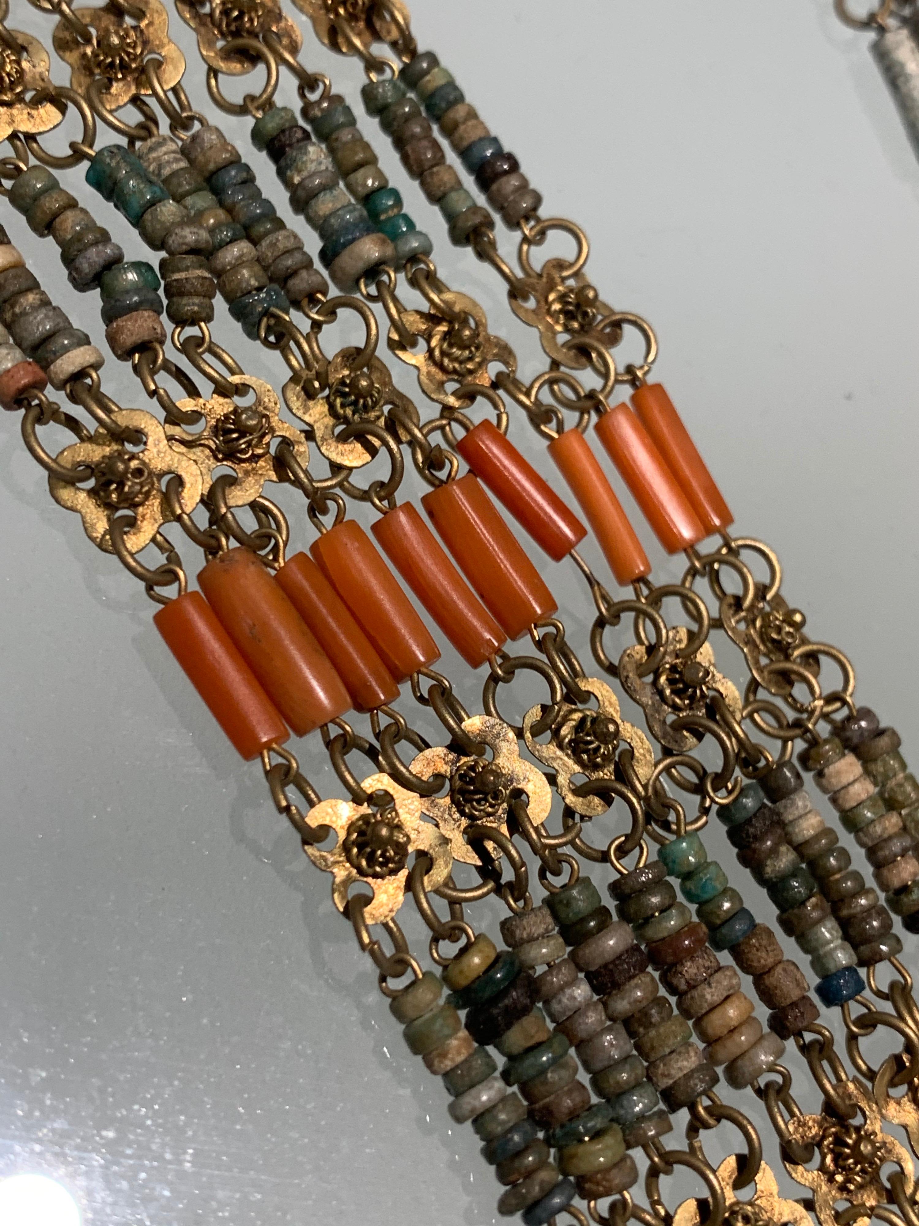 Women's or Men's 1940s Egyptian Clay & Brass Filigree Bib Necklace And Cuff Bracelet W/ Hinge  For Sale