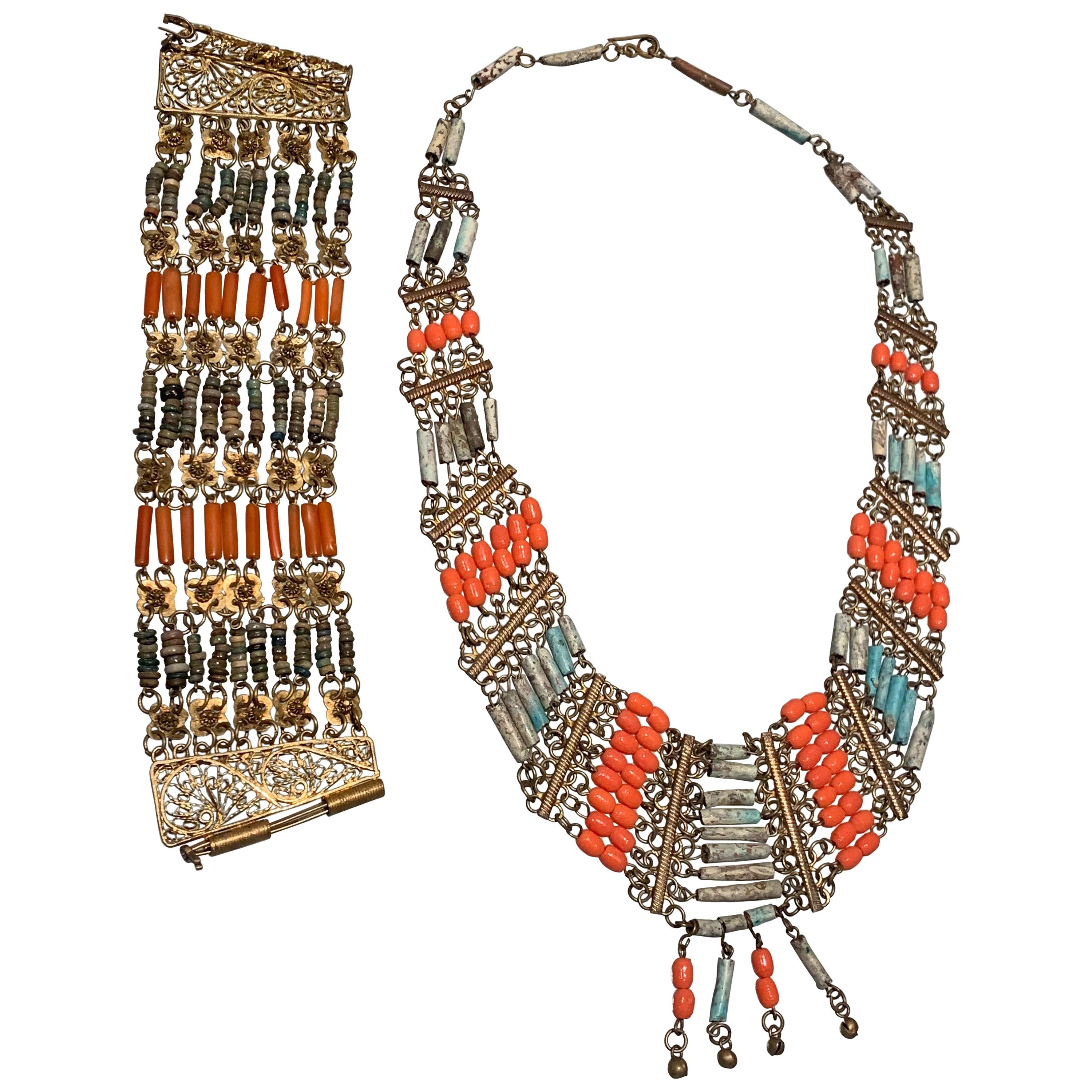 1940s Egyptian Clay & Brass Filigree Bib Necklace And Cuff Bracelet W/ Hinge  For Sale