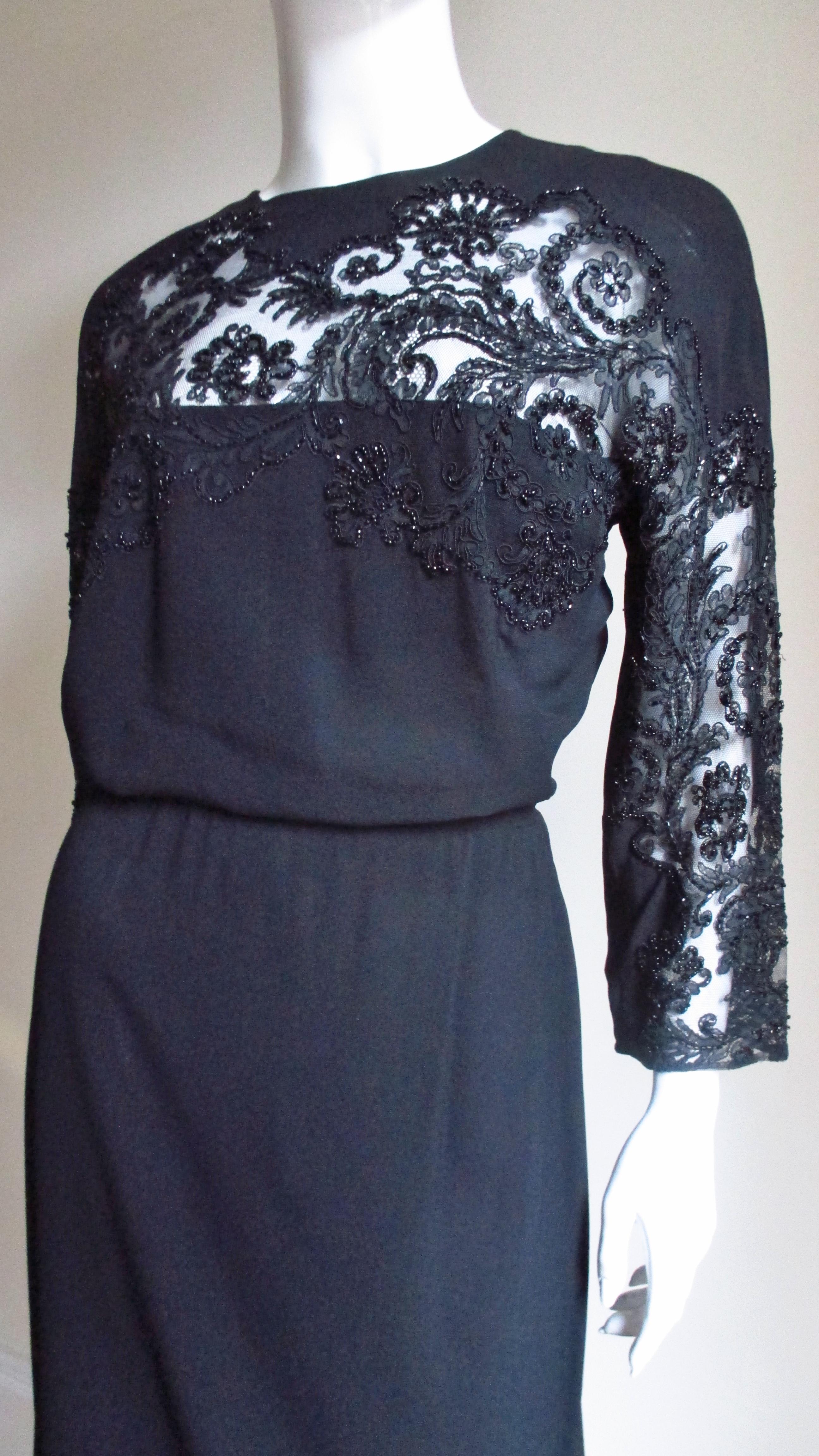 Black Eisenberg Originals Dress with Beaded Lace Panel 1940s For Sale
