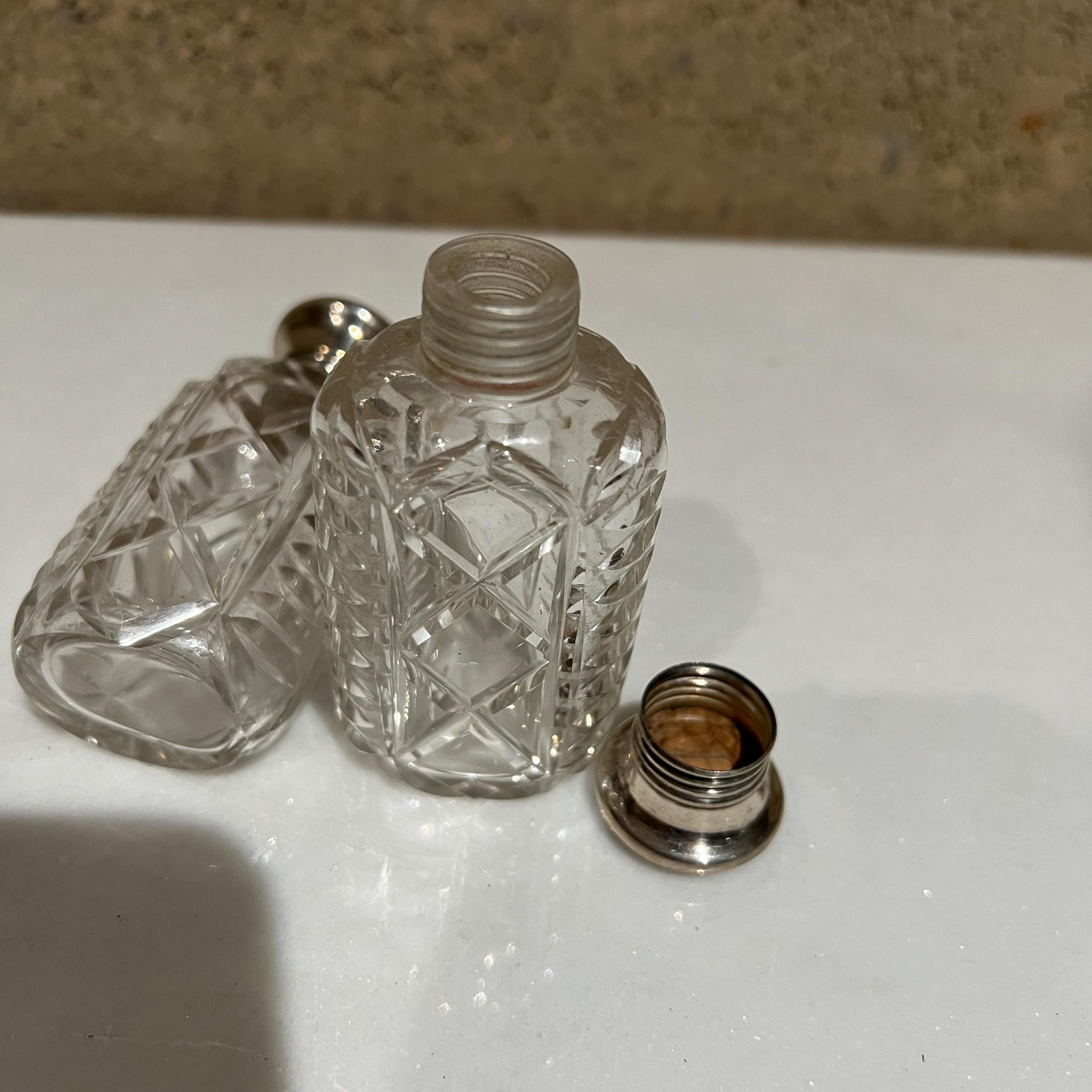 1940s Elegant Antique Vanity Bottle Jars in Cut Glass Silver Plated Caps In Good Condition In Chula Vista, CA