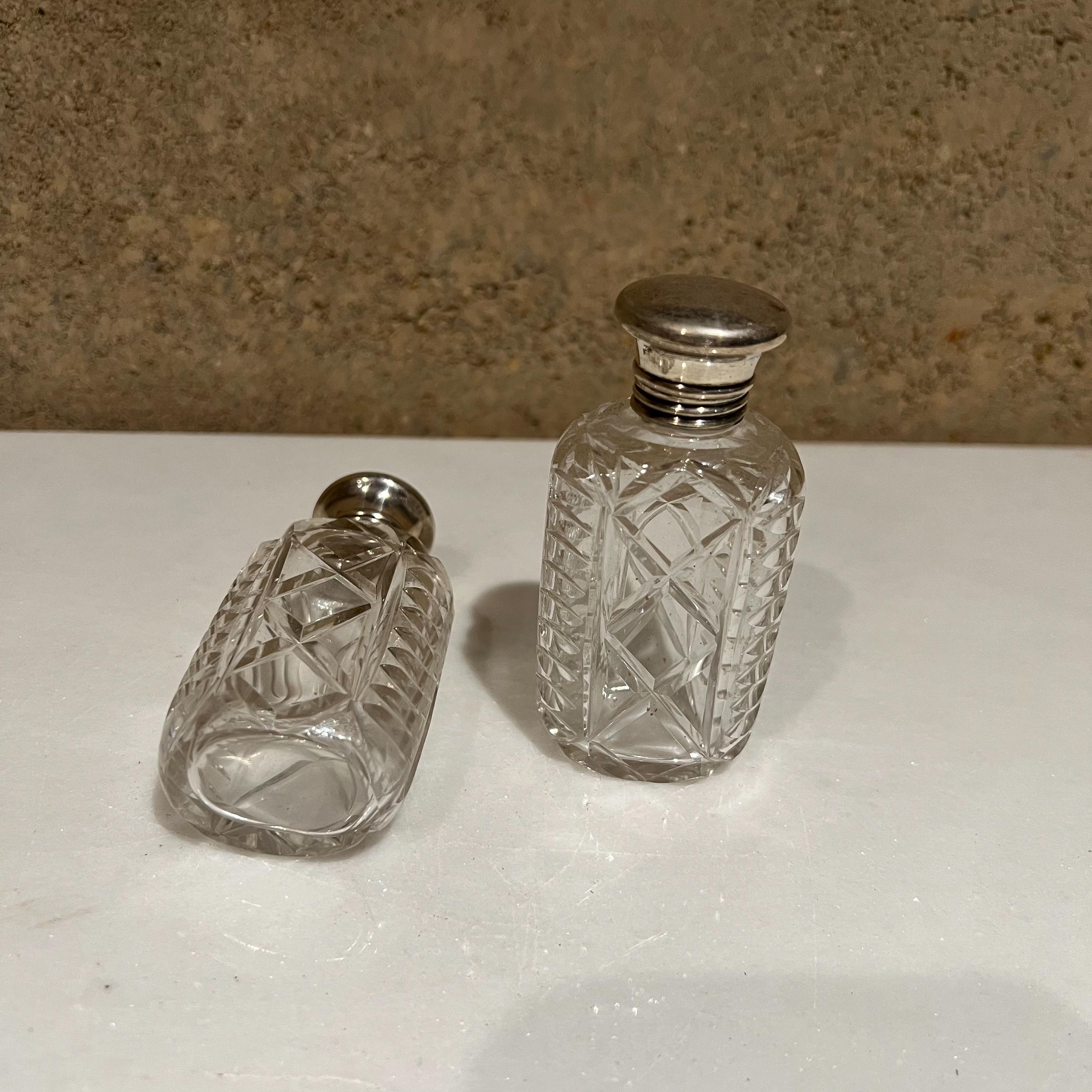 Mid-20th Century 1940s Elegant Antique Vanity Bottle Jars in Cut Glass Silver Plated Caps