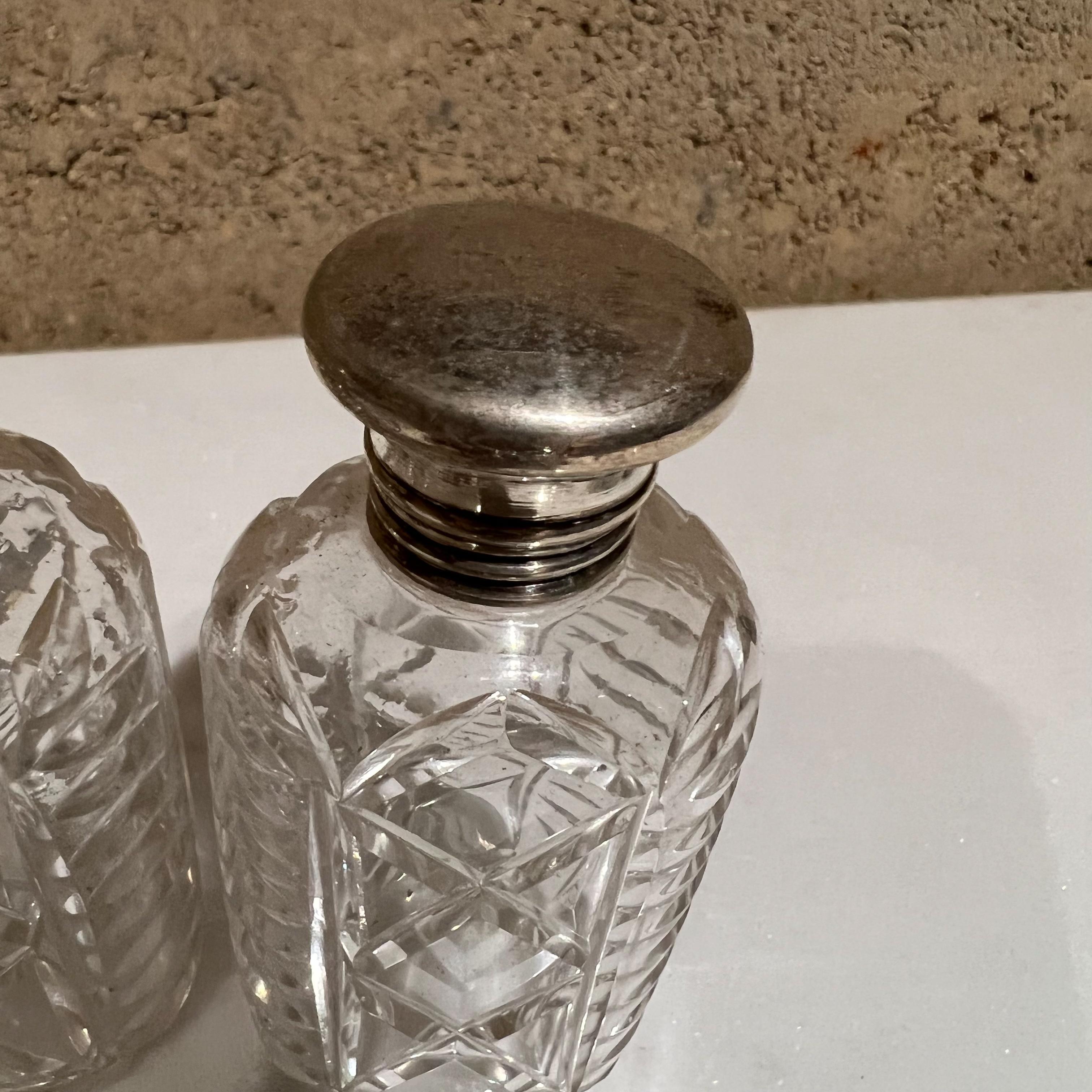 1940s Elegant Antique Vanity Bottle Jars in Cut Glass Silver Plated Caps 3