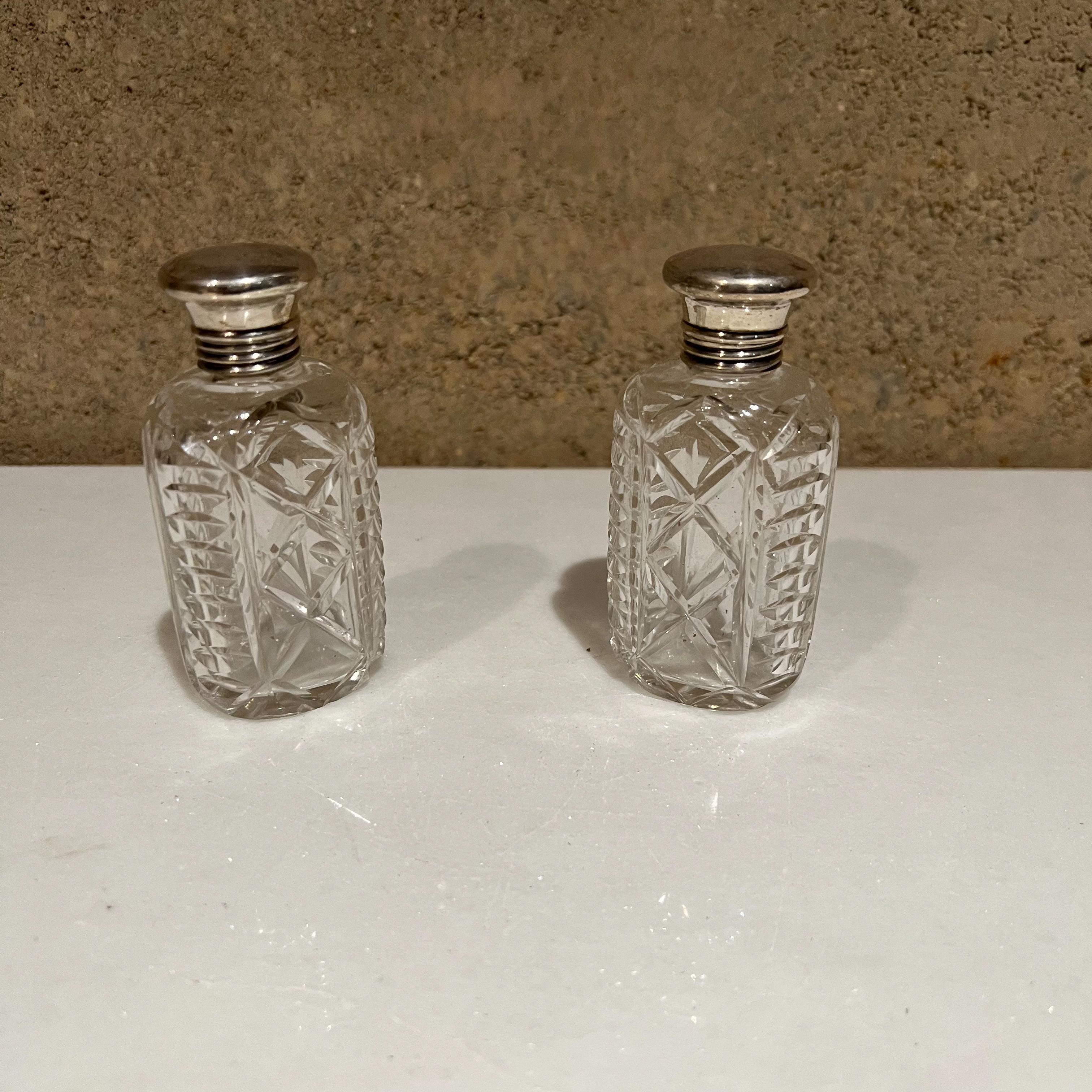 1940s Elegant Antique Vanity Bottle Jars in Cut Glass Silver Plated Caps 4