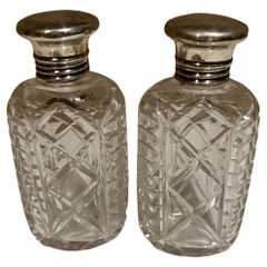 1940s Elegant Vintage Vanity Bottle Jars in Cut Glass Silver Plated Caps
