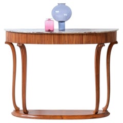 1940's Elegant console table with reeded wood band and marble top