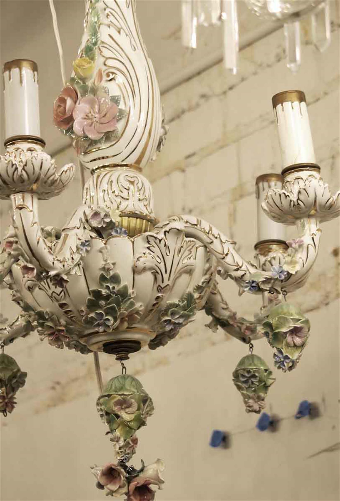 Ceramic 1940s Elegant Five-Arm Italian Floral Porcelain Chandelier