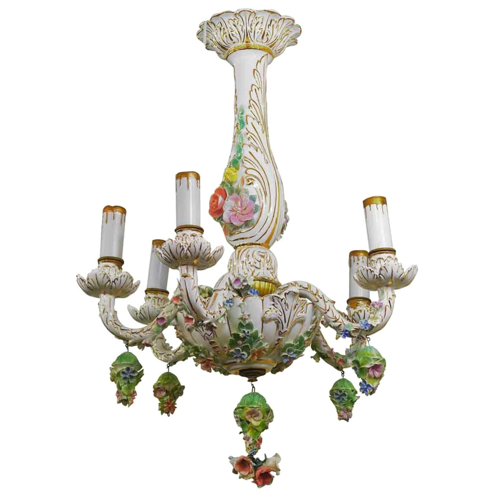 1940s Elegant Five-Arm Italian Floral Porcelain Chandelier