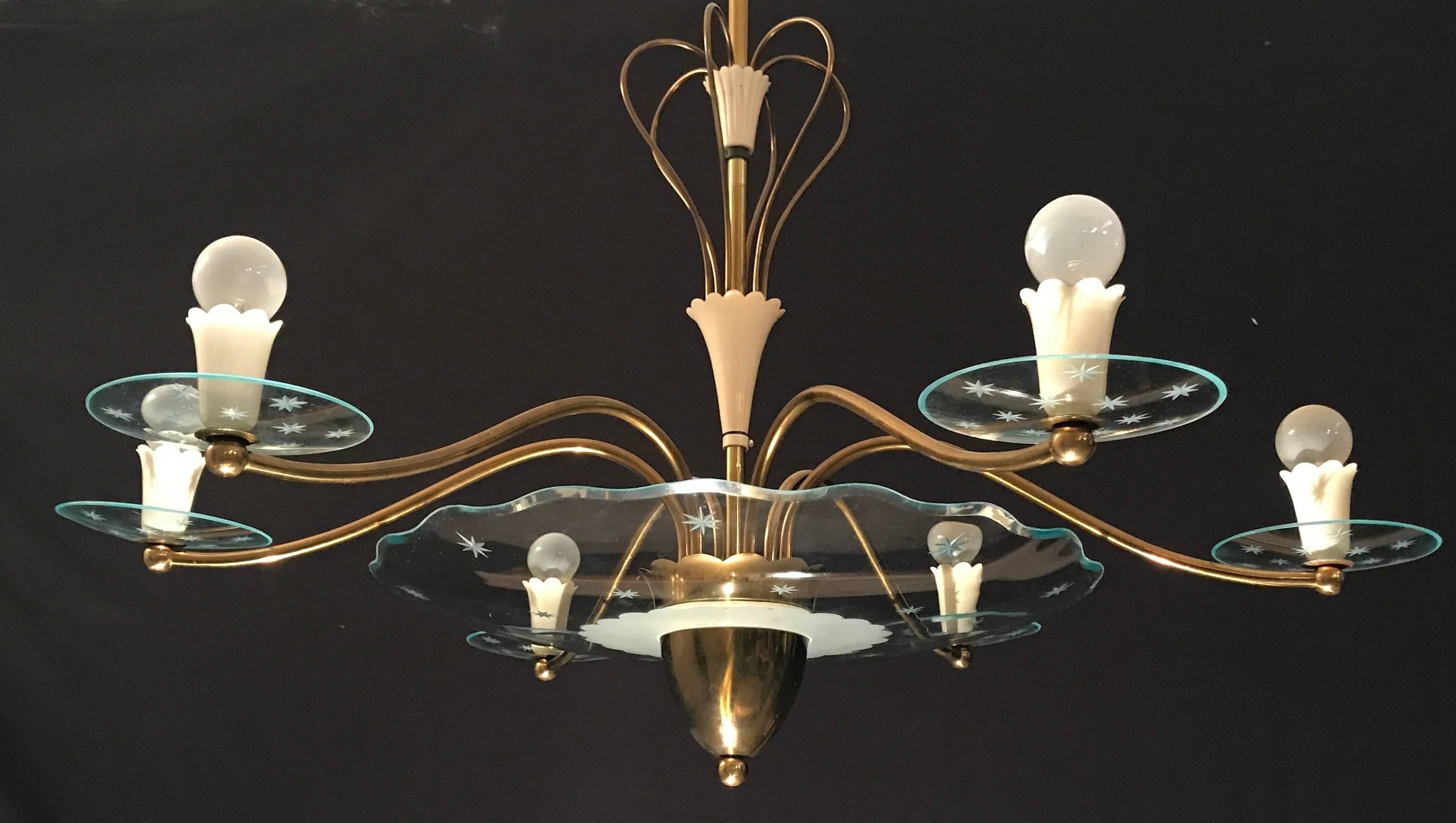 Mid-Century Modern 1940s Elegant Italian Chandelier, Pietro Chiesa Style for Fontana Arte