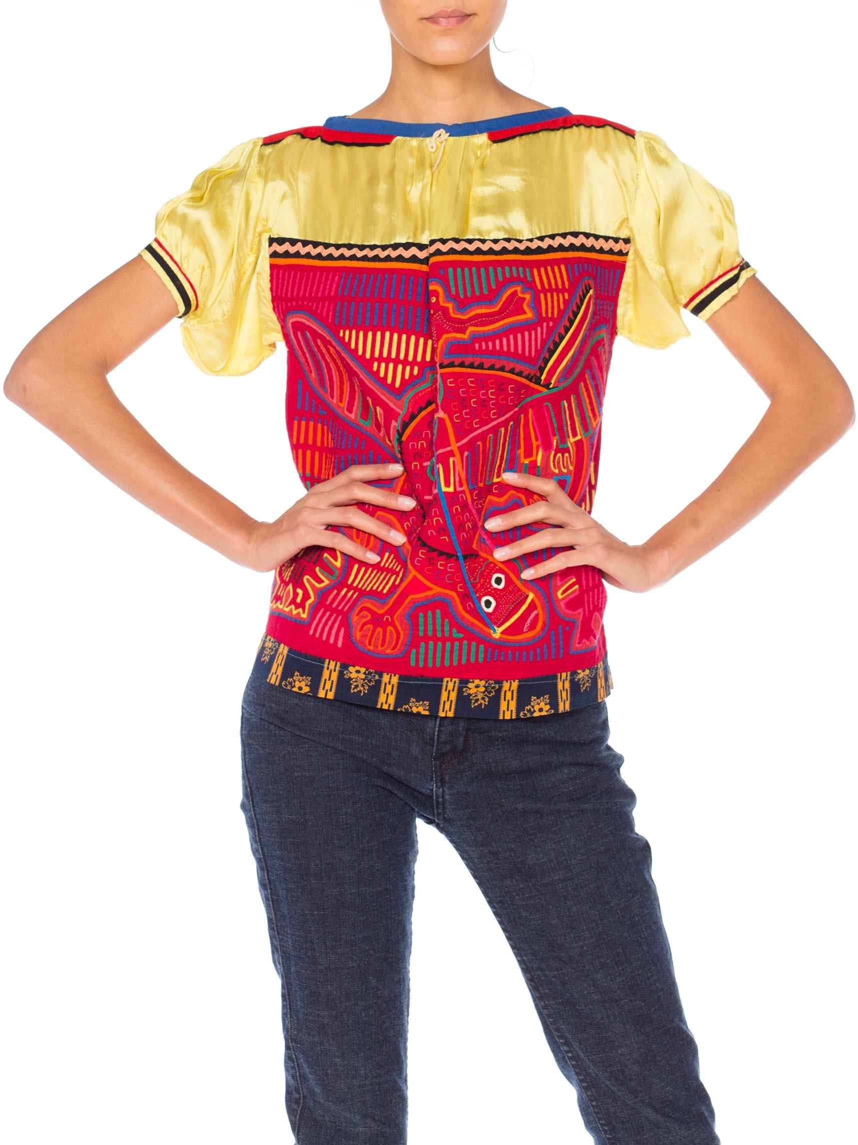 1960S Red & Yellow Cotton South American Top Appliquéd With Lizard And Birds For Sale 1