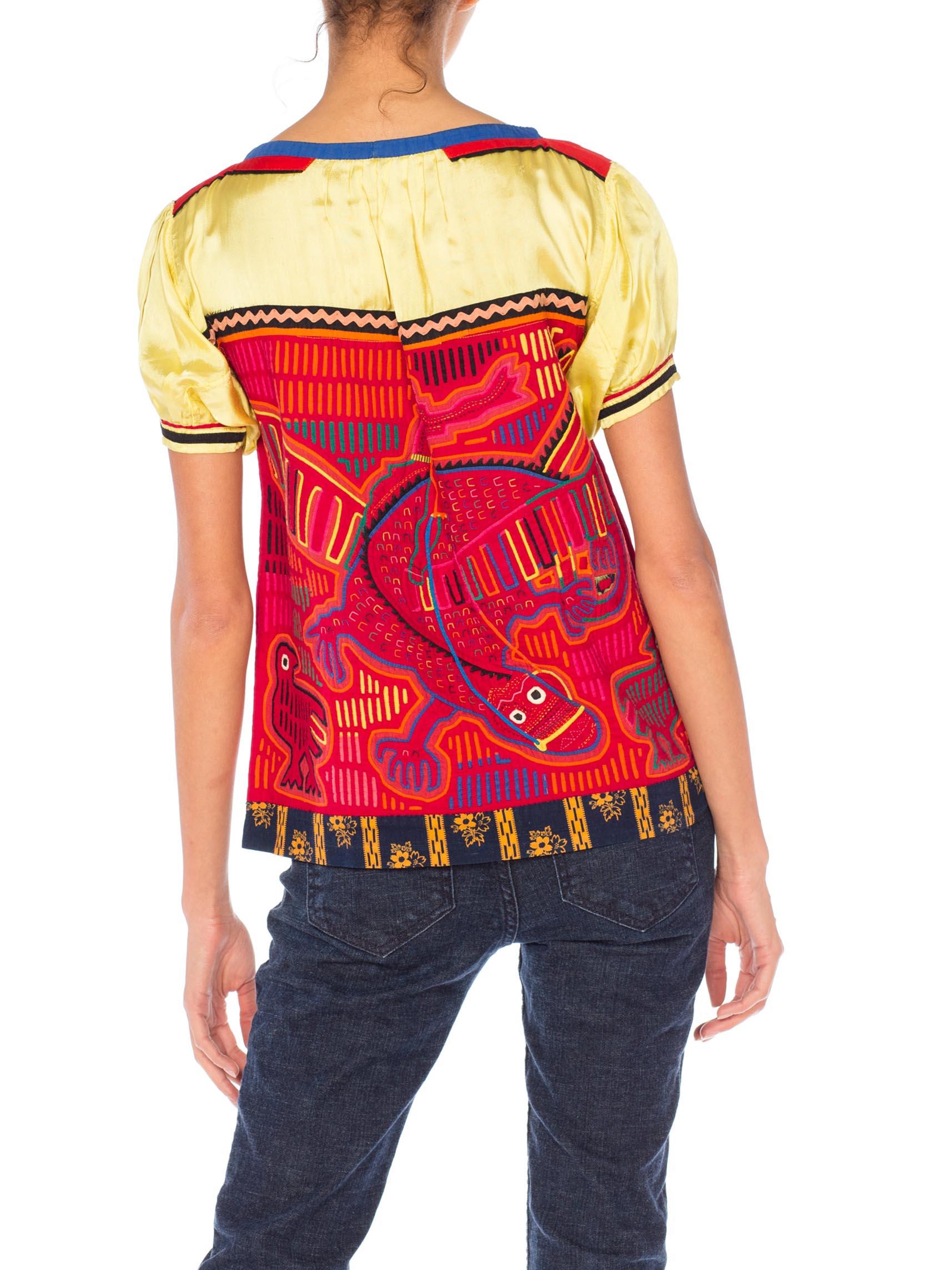 1960S Red & Yellow Cotton South American Top Appliquéd With Lizard And Birds For Sale 3