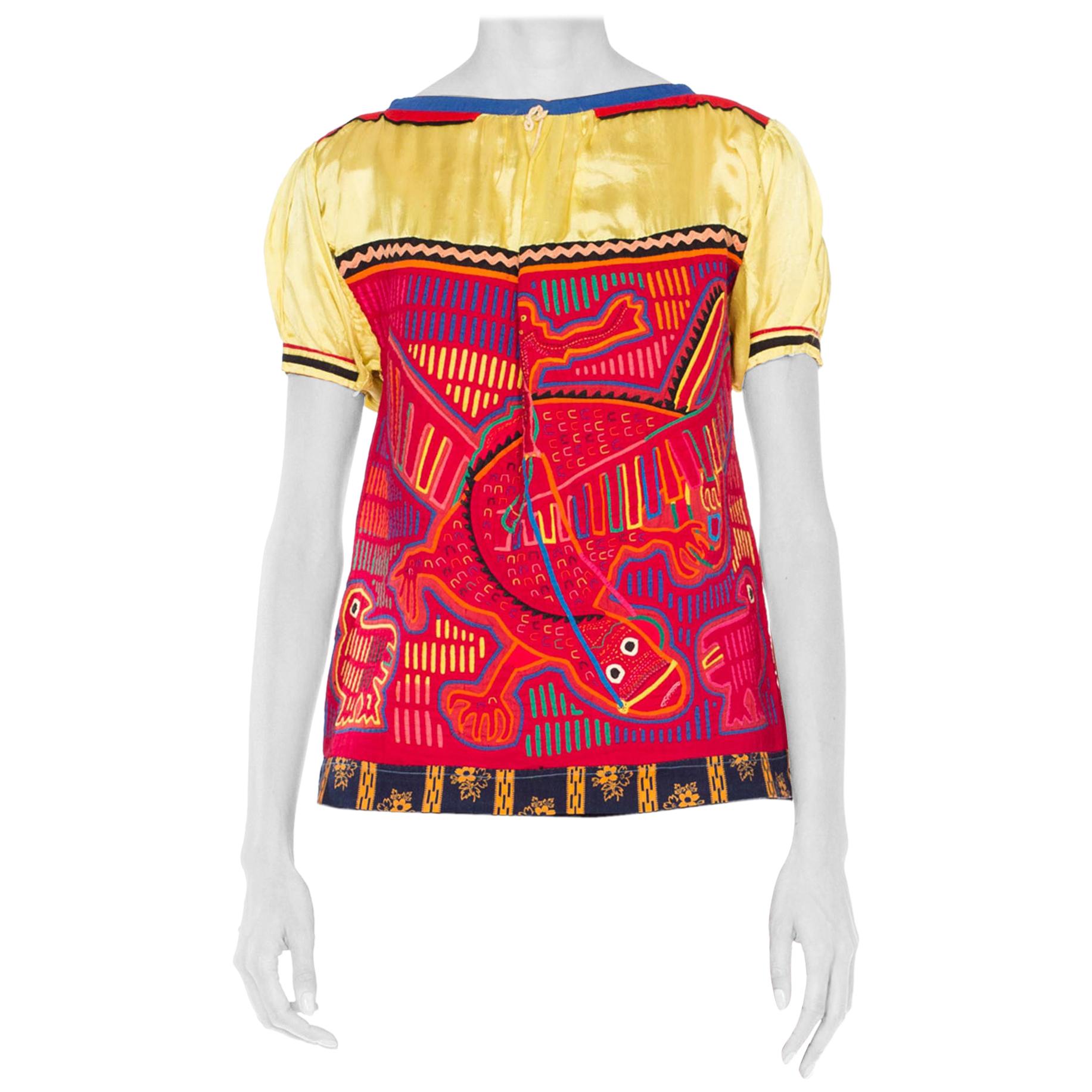 1960S Red & Yellow Cotton South American Top Appliquéd With Lizard And Birds For Sale