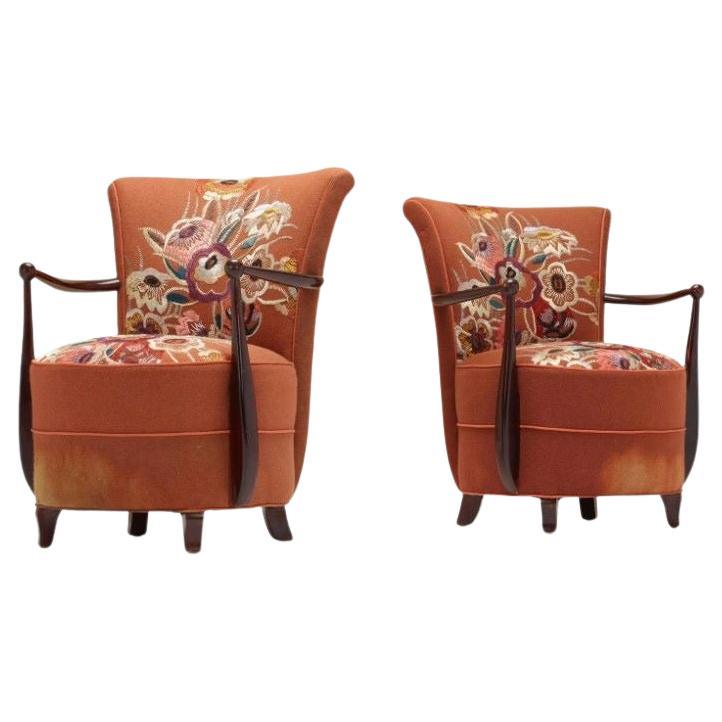 1940s Embroidered French Fireside Chairs, Pair For Sale