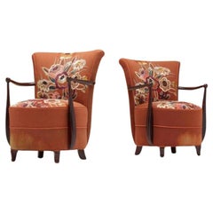 1940s Embroidered French Fireside Chairs, Pair