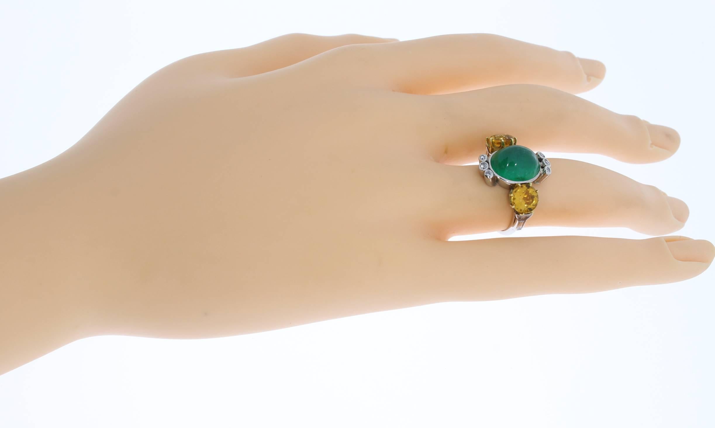 1940s Emerald Cabochon Citrine Diamond Gold Ring For Sale 1