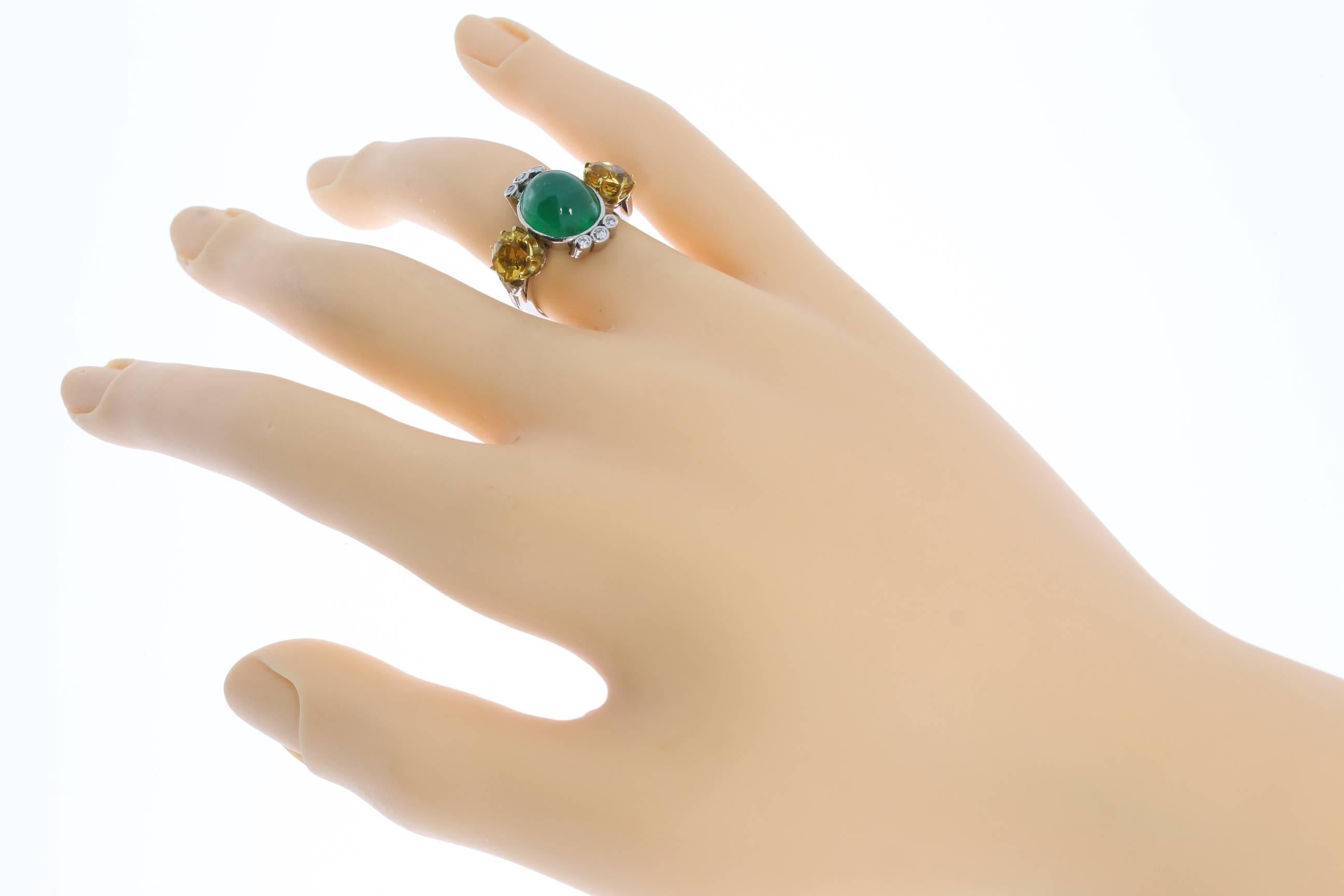 1940s Emerald Cabochon Citrine Diamond Gold Ring For Sale 2