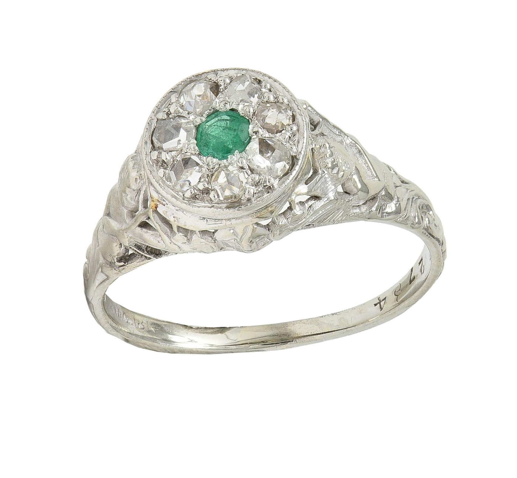 1940's Emerald Diamond 18 Karat White Gold Vintage Cupid Cluster Ring 6