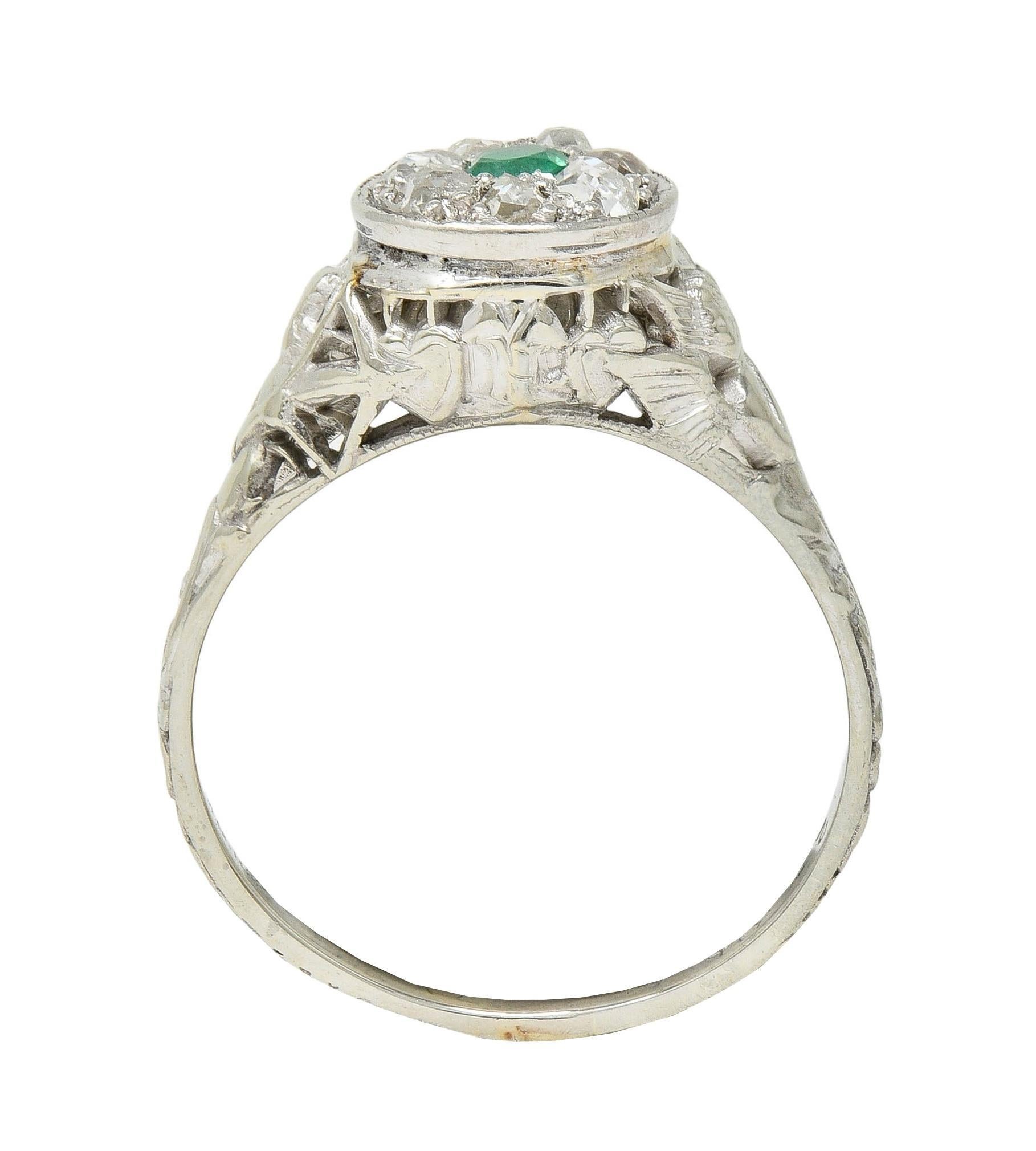 1940's Emerald Diamond 18 Karat White Gold Vintage Cupid Cluster Ring 7