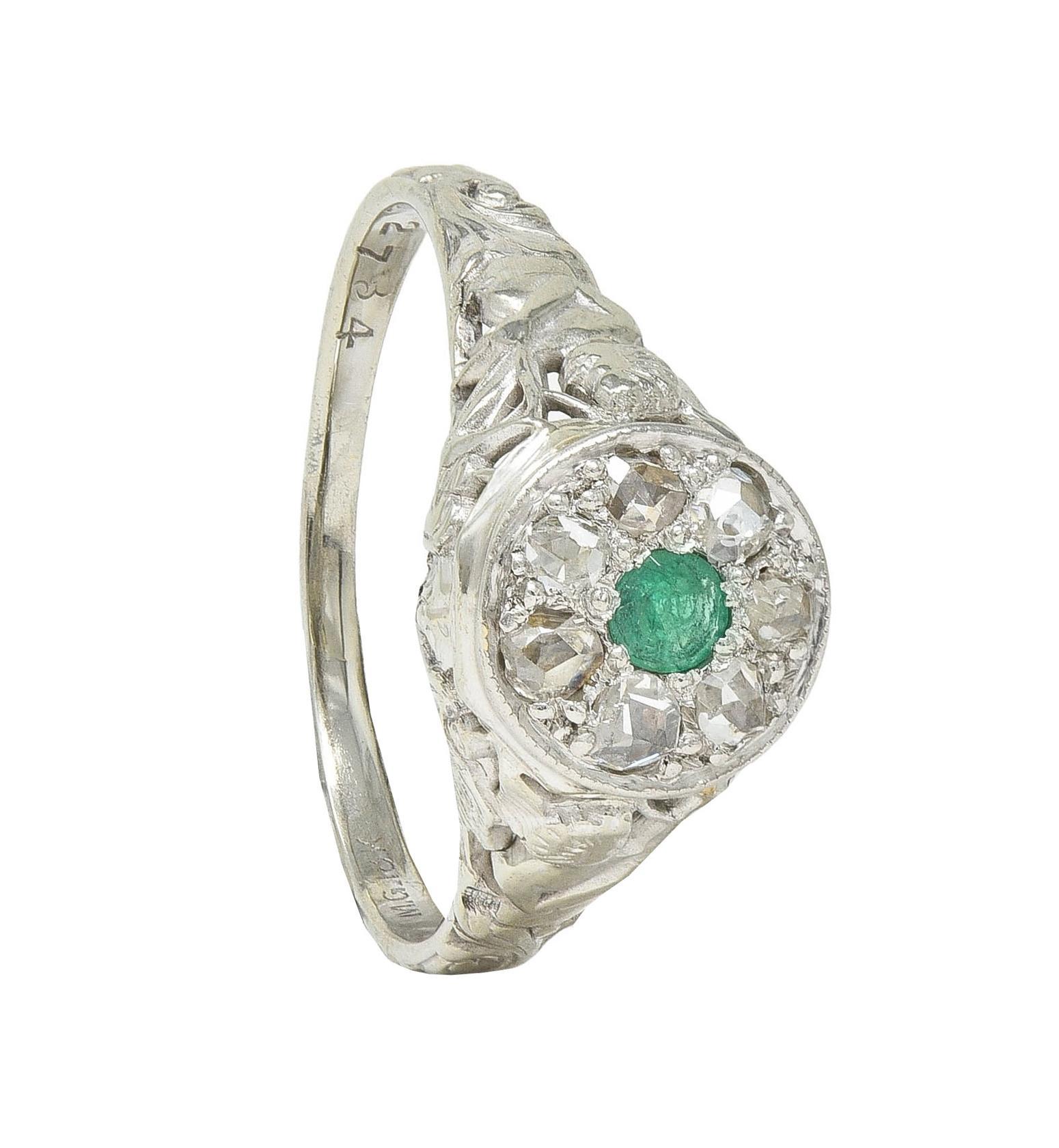 1940's Emerald Diamond 18 Karat White Gold Vintage Cupid Cluster Ring 8