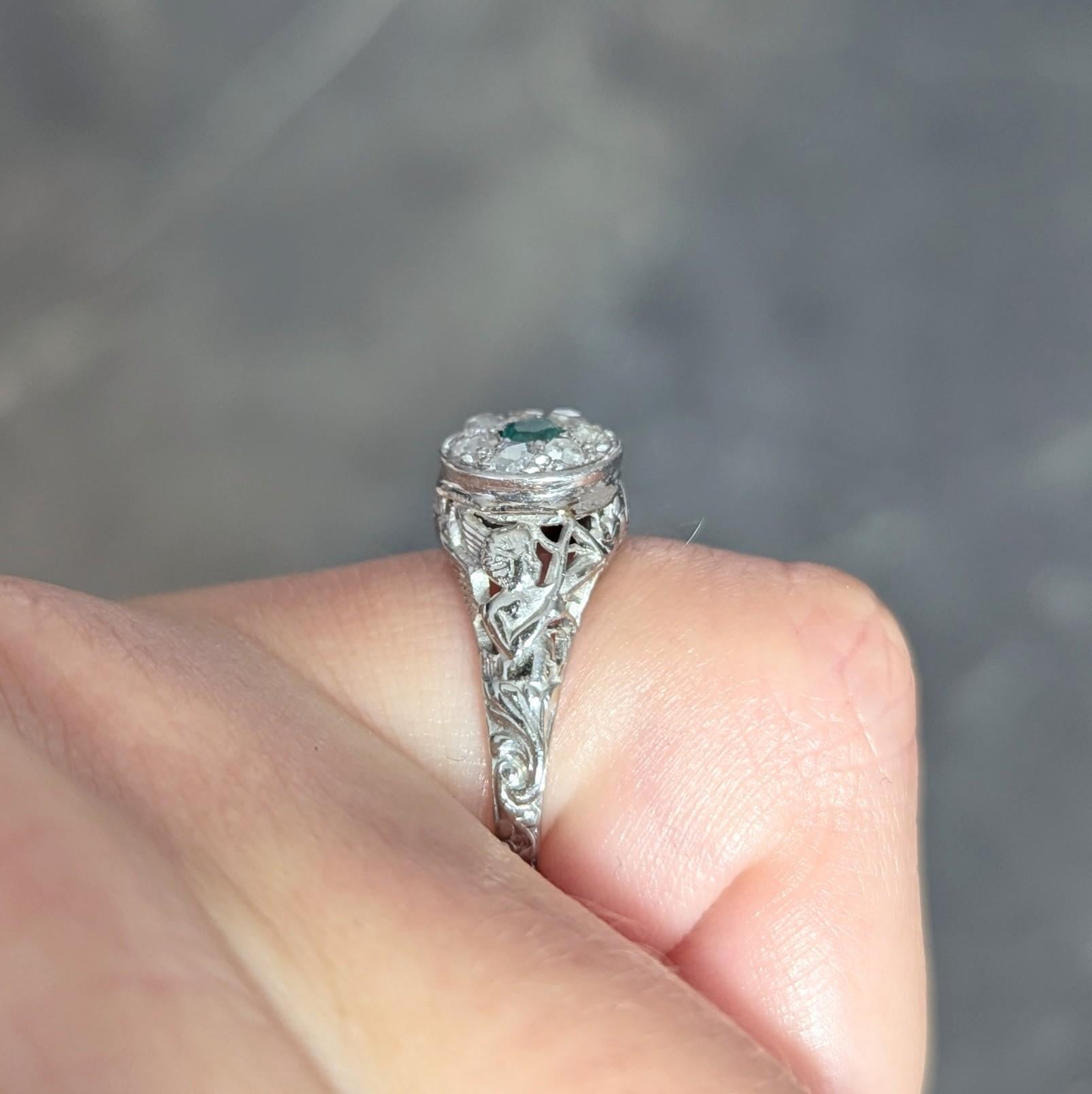 1940's Emerald Diamond 18 Karat White Gold Vintage Cupid Cluster Ring 9