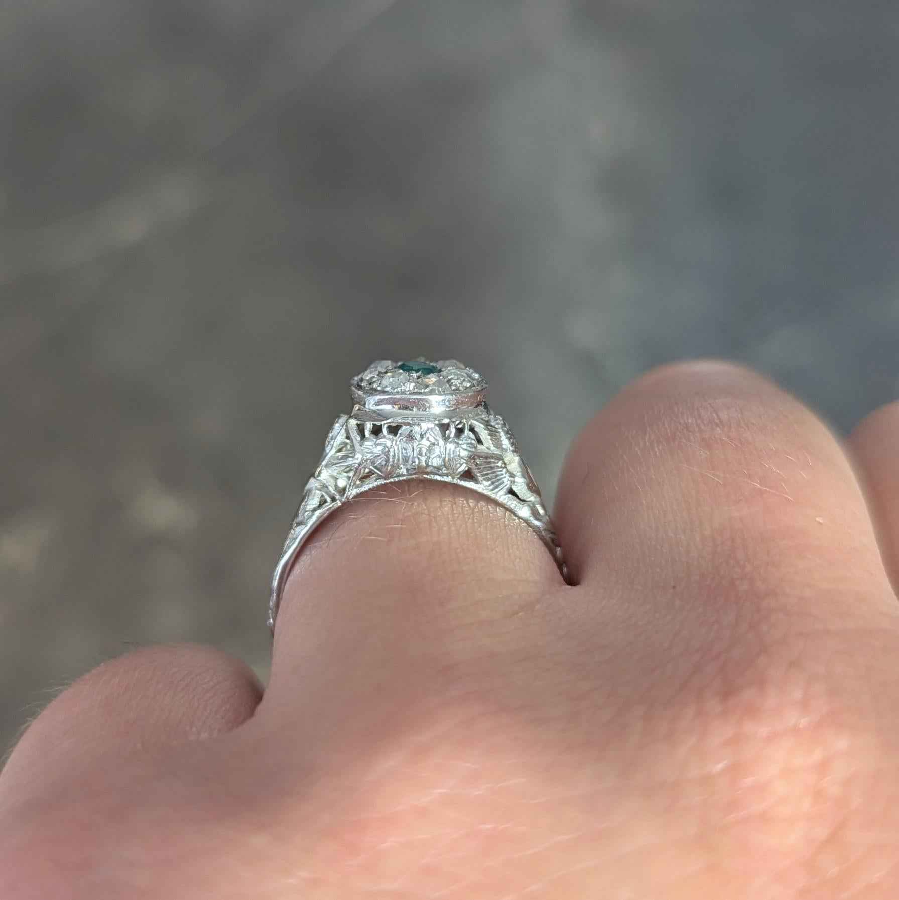 1940's Emerald Diamond 18 Karat White Gold Vintage Cupid Cluster Ring 10