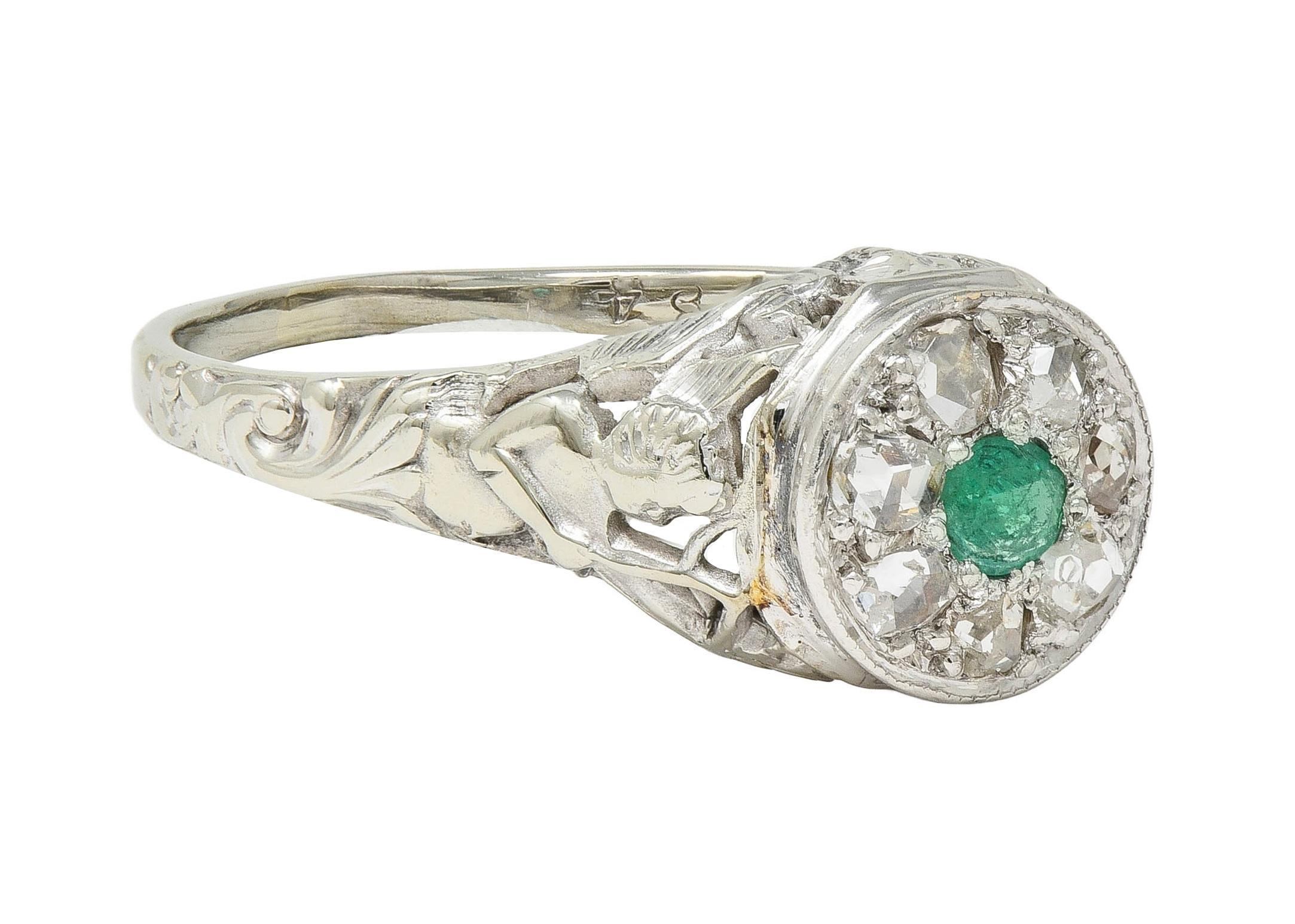 Round Cut 1940's Emerald Diamond 18 Karat White Gold Vintage Cupid Cluster Ring