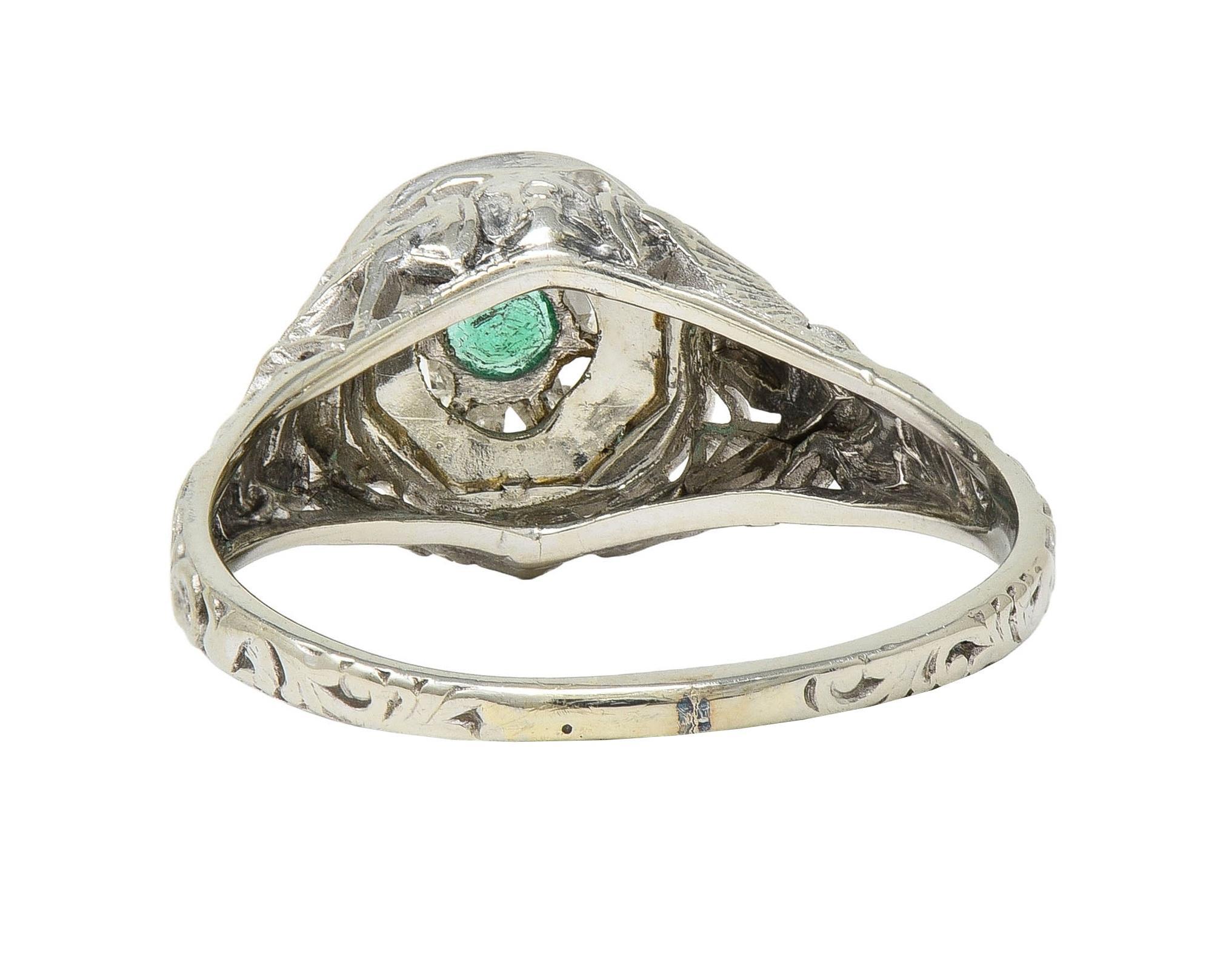 1940's Emerald Diamond 18 Karat White Gold Vintage Cupid Cluster Ring 1