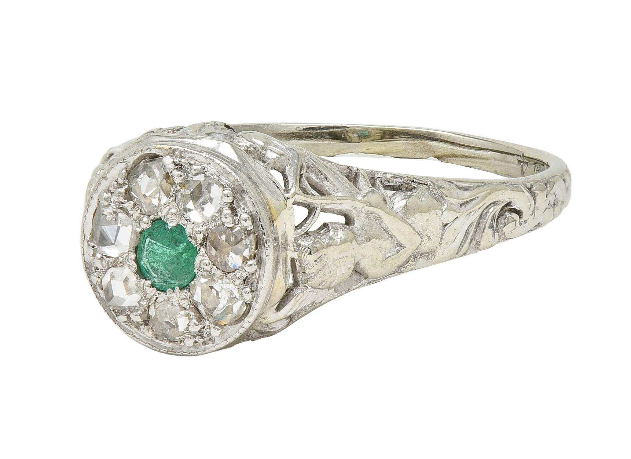 1940's Emerald Diamond 18 Karat White Gold Vintage Cupid Cluster Ring 3